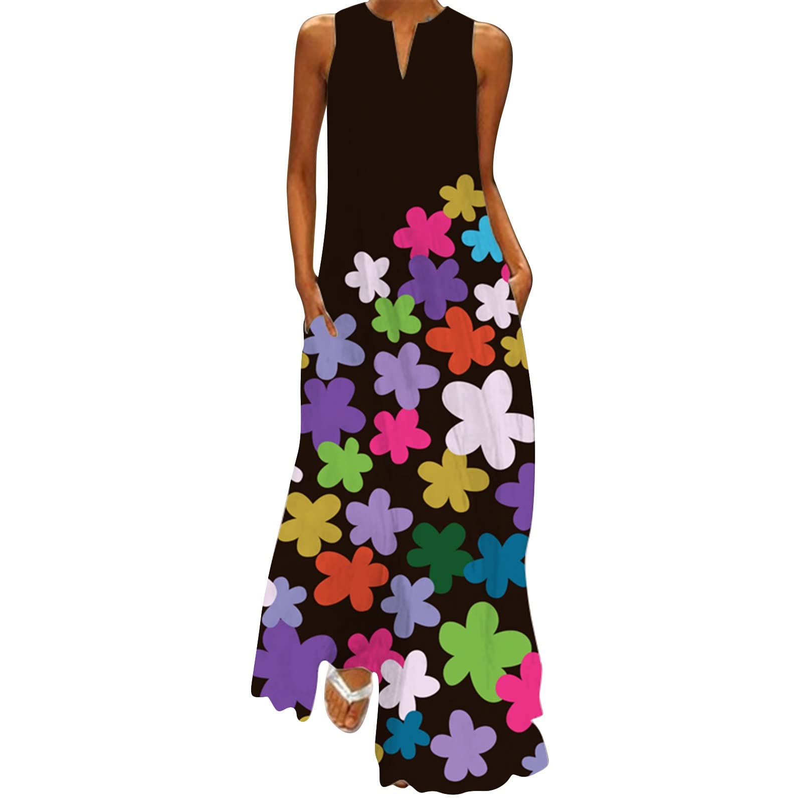 Plus Size Floral Maxi Dress for Women - Long Sleeveless V-Neck Summer Dress with Pockets | Beach Wedding, Vacation & Casual Outfit