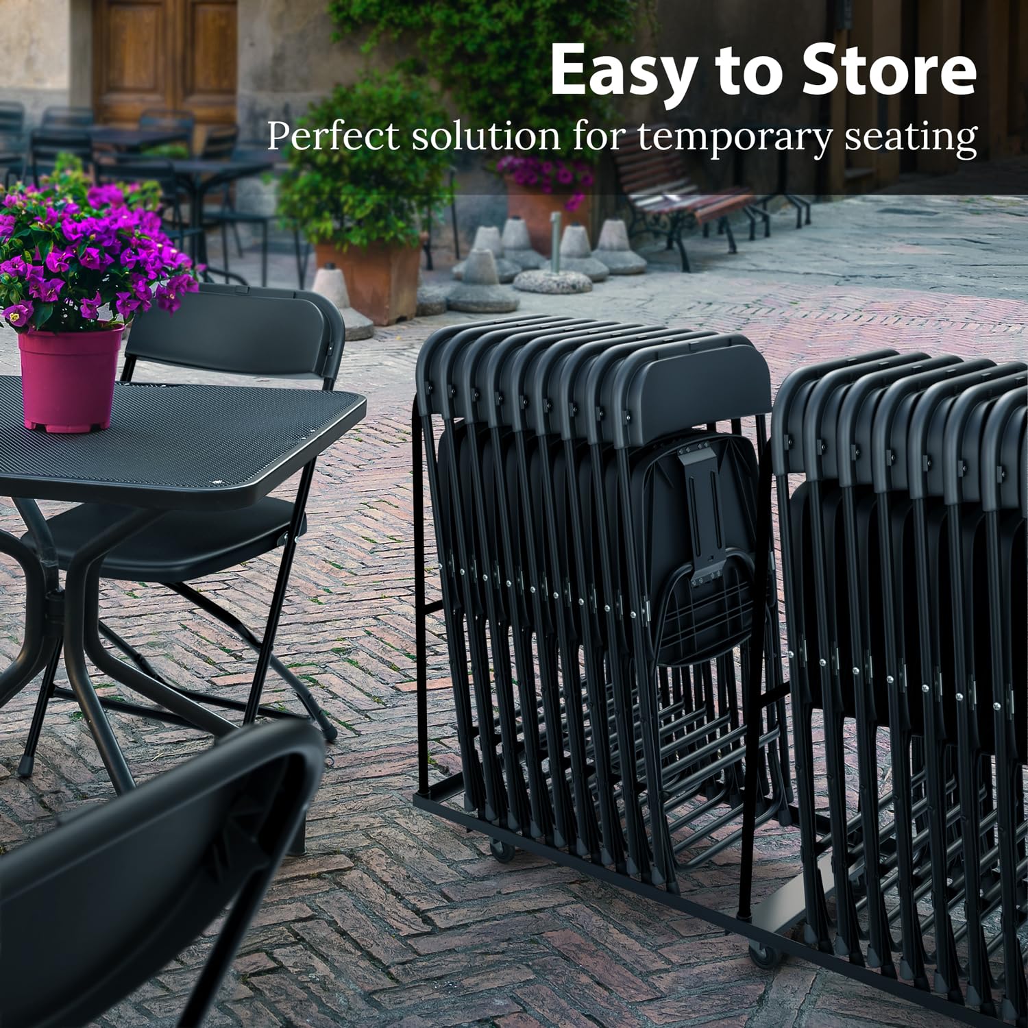 9 Pack Black Plastic Folding Chairs - Heavy Duty 300 lbs Capacity Steel Frame, Stackable for Space Saving - Ideal for Indoor/Outdoor, Weddings, Parties, Picnics, Dining & Commercial Events
