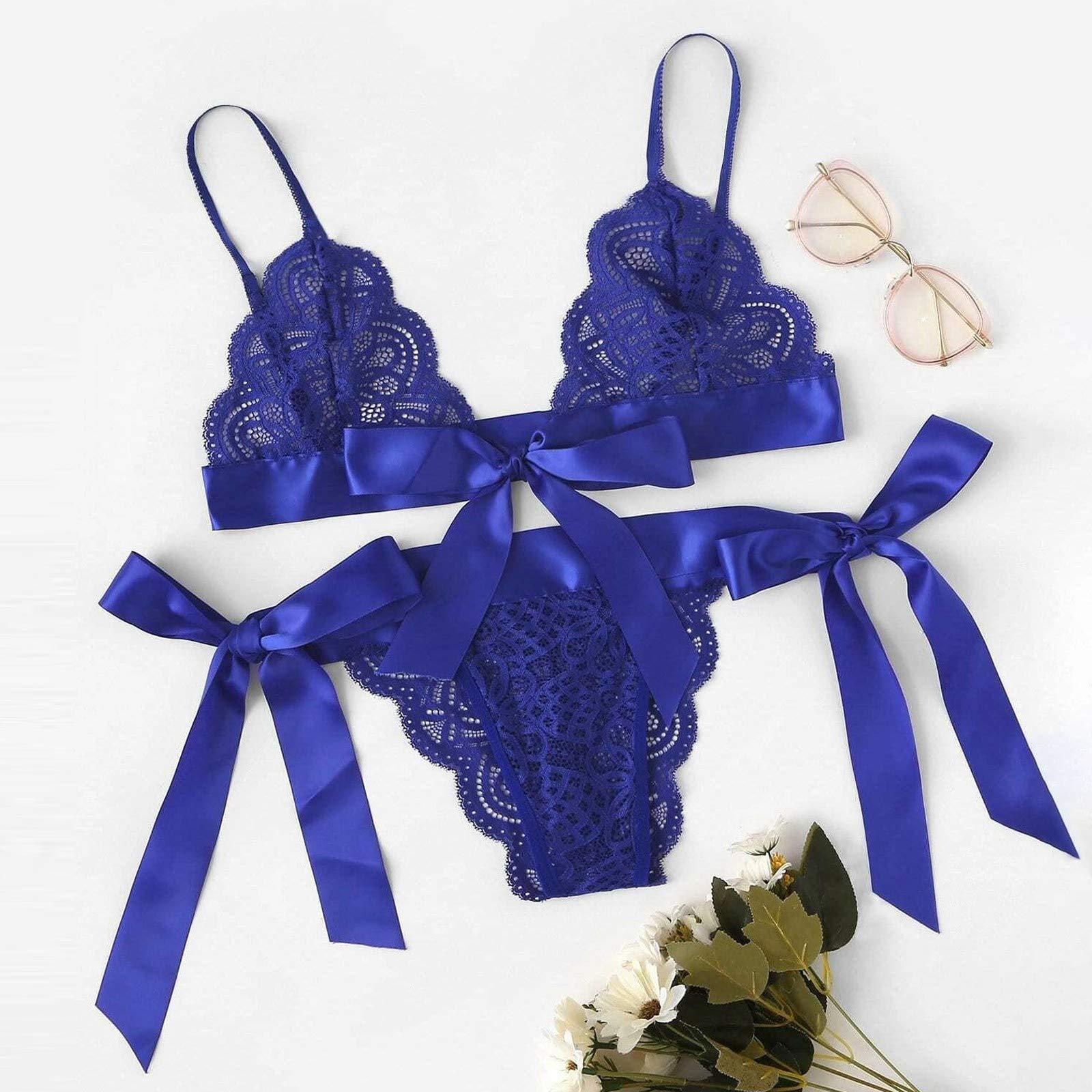 Sexy Lace Lingerie Set for Women - Scalloped Trim Tie Side Bra & Panty with Bow Detail, Blue Babydoll Sleepwear Bustier | Perfect for Valentine's Day, Bridal Shower & Romantic Nights