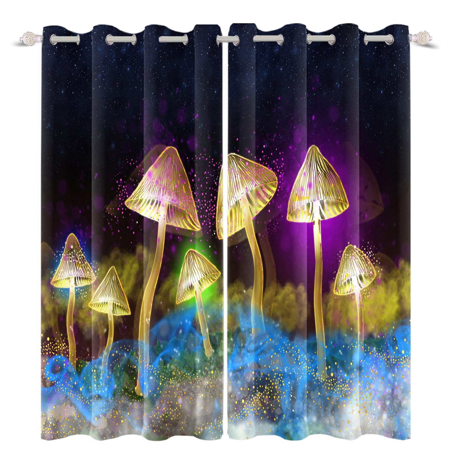 Psychedelic Blackout Curtains with Trippy Mushrooms & Golden Glitter - White Enchanted Forest Window Drapes 53x84 Inch (Set of 2 Panels) for Bedroom, Living Room & Nursery - Block Light & Noise for Better Sleep