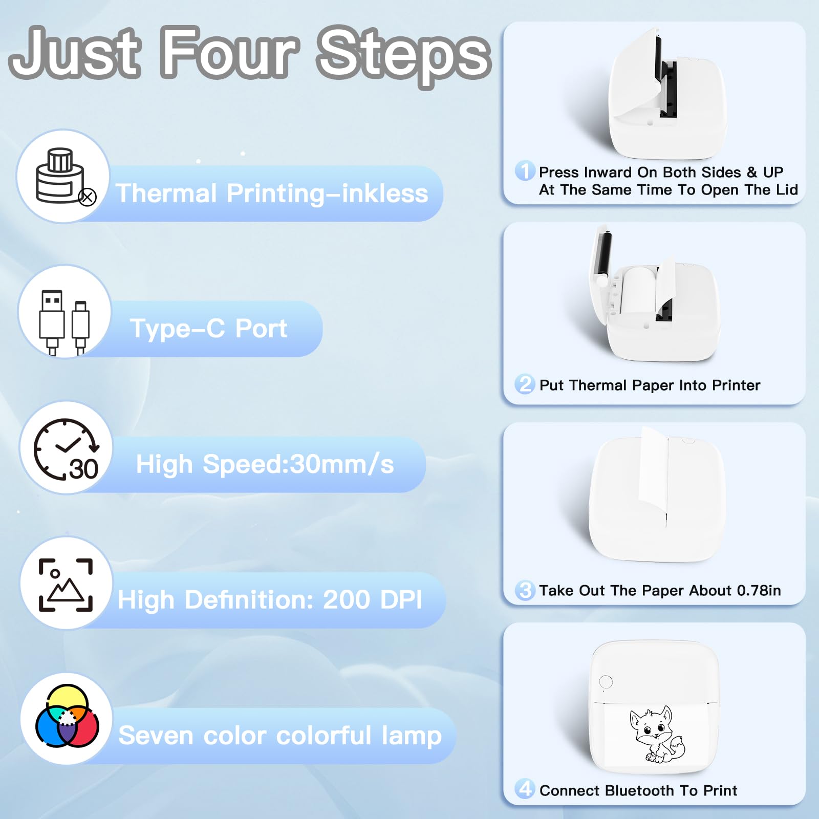 Mini Sticker Printer with 6 Rolls Label Paper - Portable Bluetooth Thermal Label Maker for DIY, Scrapbooking, Travel Notes & Memos - 7 Color LED Light Modes - iOS & Android Compatible | Perfect for Home Organization, School Projects & Gift Wrapping