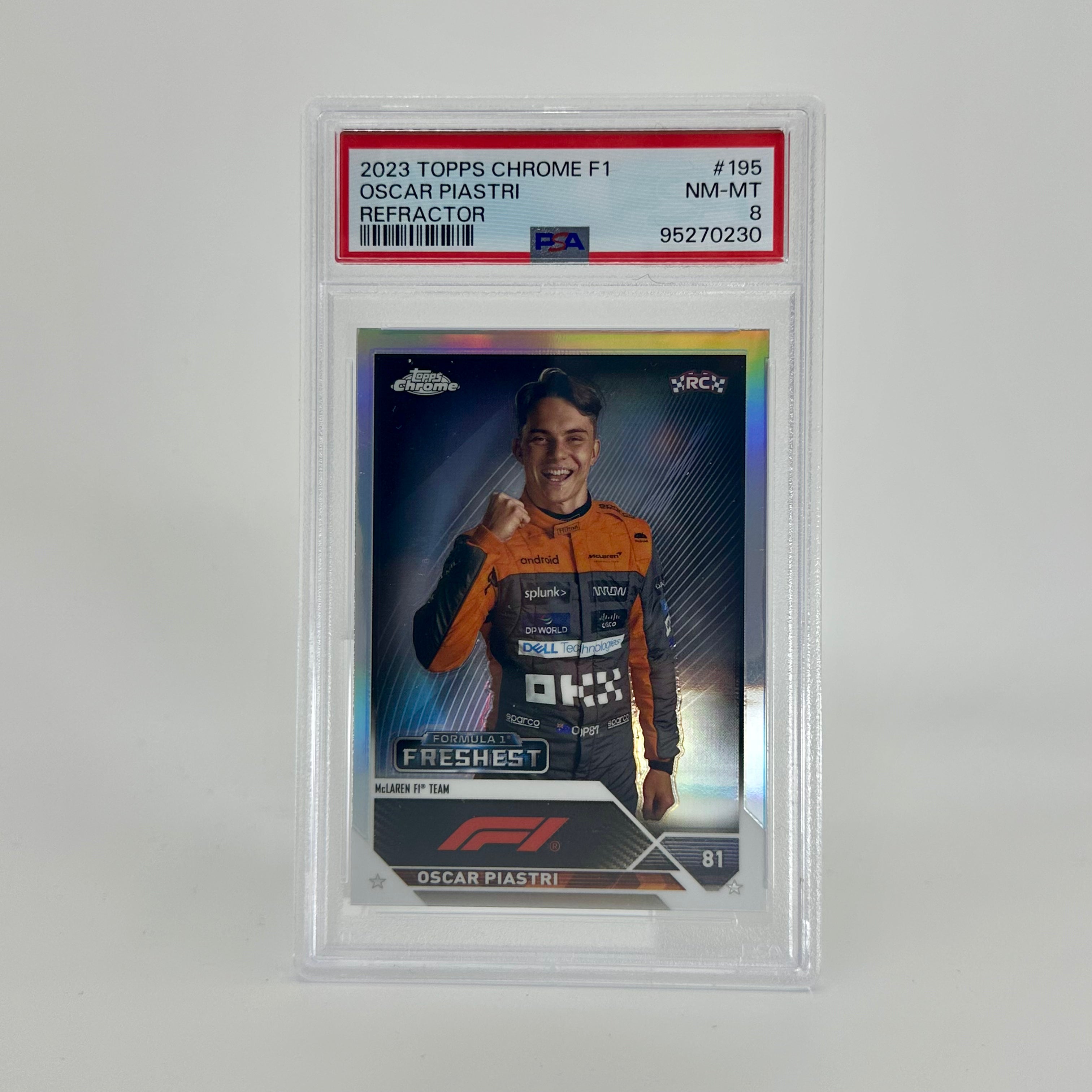 2023 Topps Chrome F1 Oscar Piastri #195 Refractor Rookie Card PSA 8 - Perfect for F1 Collectors, Racing Fans, and Sports Memorabilia Enthusiasts