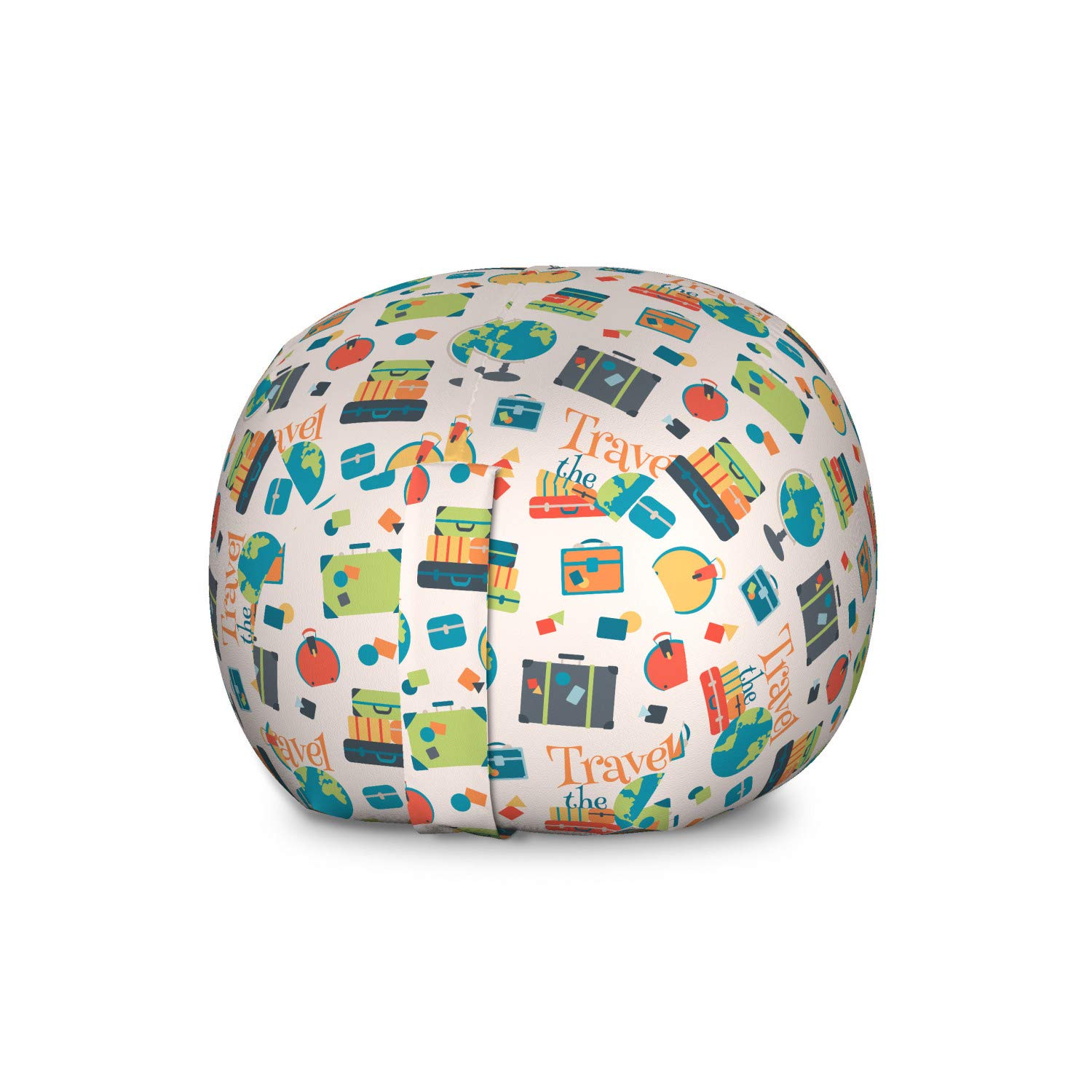 Ambesonne Travel The World Storage Toy Bag Chair - Large Washable Stuffed Animal Organizer with Colorful Suitcases & Globe Design, Green Aqua - Perfect for Kids' Room, Playroom & Travel Accessories Storage