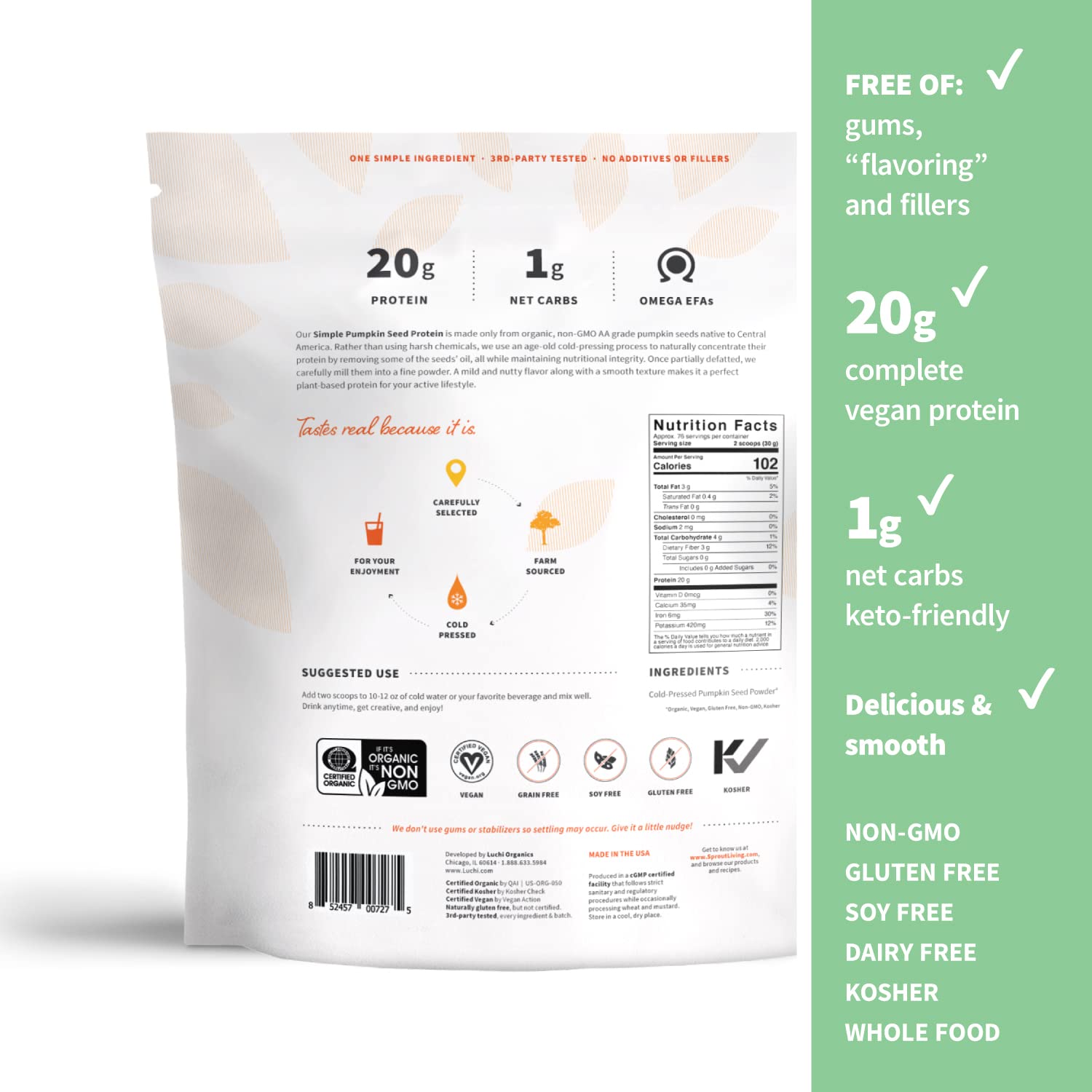 Sprout Living Organic Pumpkin Seed Protein Powder - 20g Plant-Based, Dairy-Free, Non-GMO, Vegan, Gluten-Free, Keto-Friendly Protein Supplement (5lb) - Perfect for Smoothies, Baking & Post-Workout Recovery