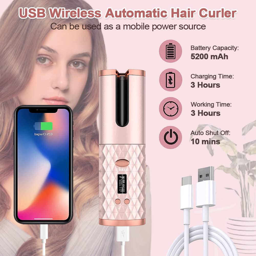 Automatic Curling Iron - Cordless Auto Hair Curler with 6 Temperature Settings & Timers, USB Rechargeable Ceramic Barrel Curling Wand for Fast Heating, Perfect for Travel, Home & Salon Styling (Great for Beach Waves, Party Hairstyles & Everyday Looks)