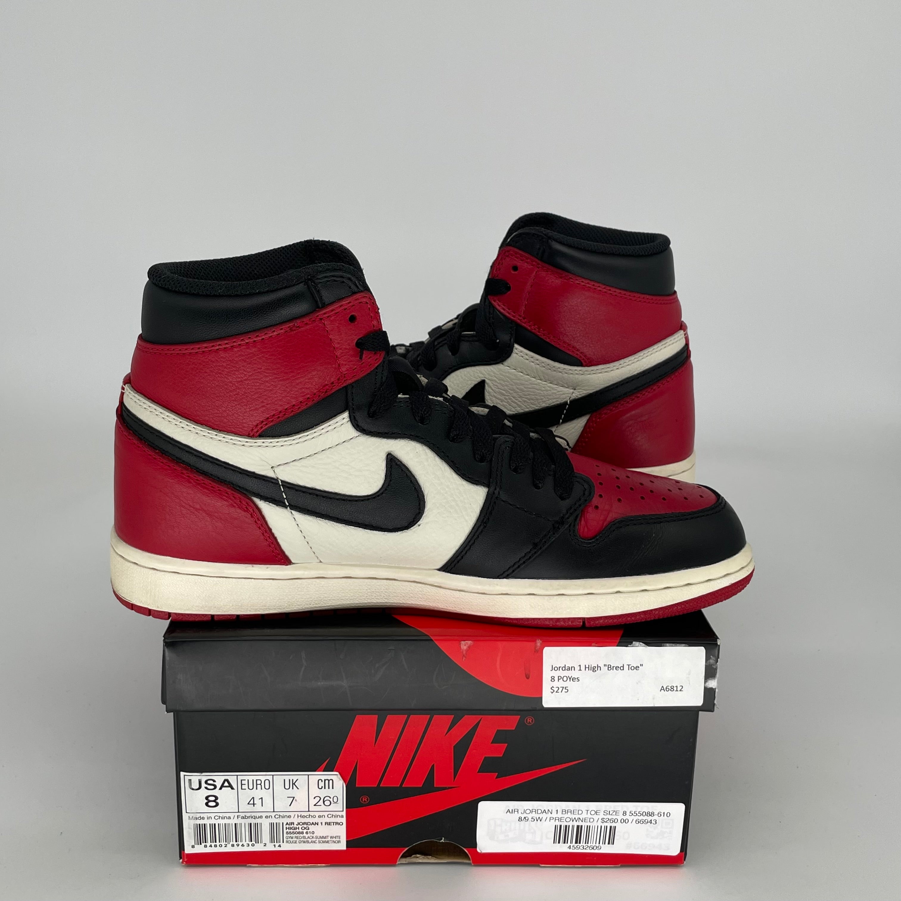 Air Jordan 1 Retro High OG 'Bred Toe' Men's Basketball Shoes Size 8 - Style 555088-610 | Authentic Sneakers for Streetwear & Basketball Games
