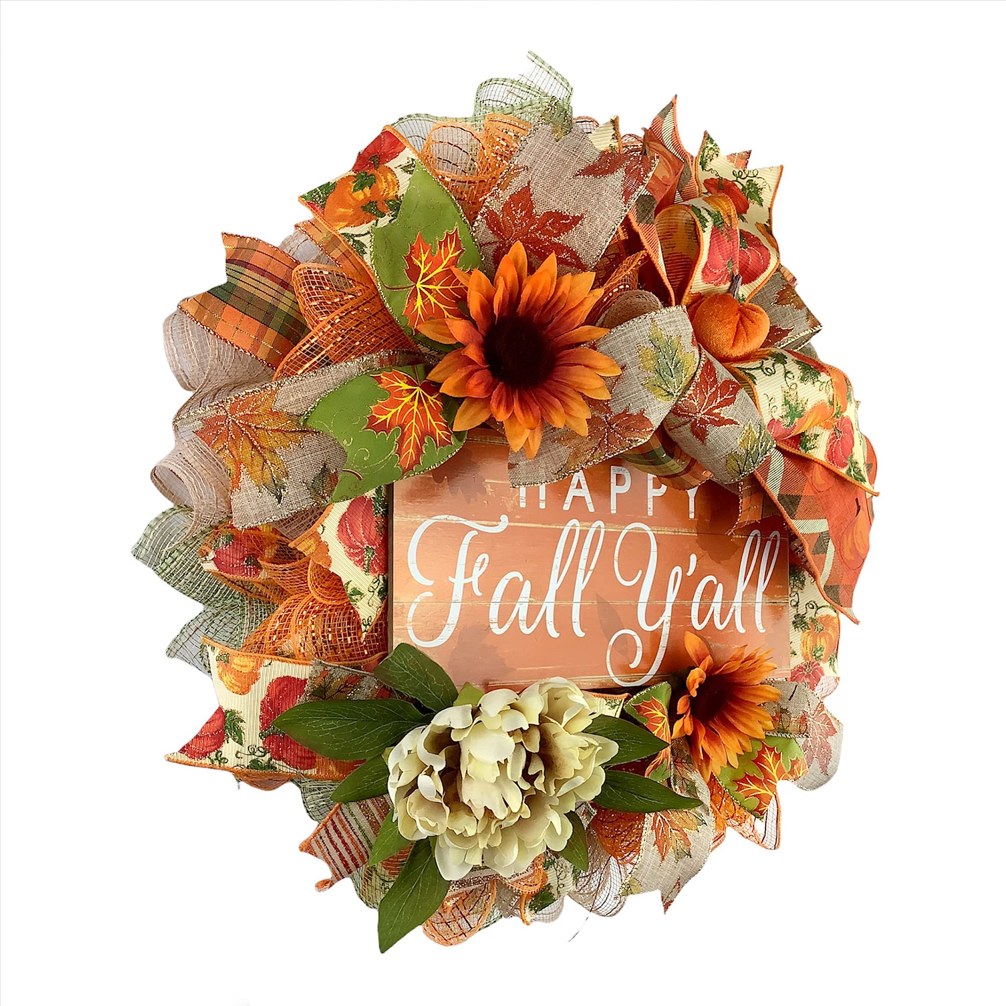 Handmade Happy Fall Y’all Autumn Wreath with Sunflowers, Mums & Bow - Rustic Front Door Decor for Porch, Thanksgiving & Seasonal Home Decoration