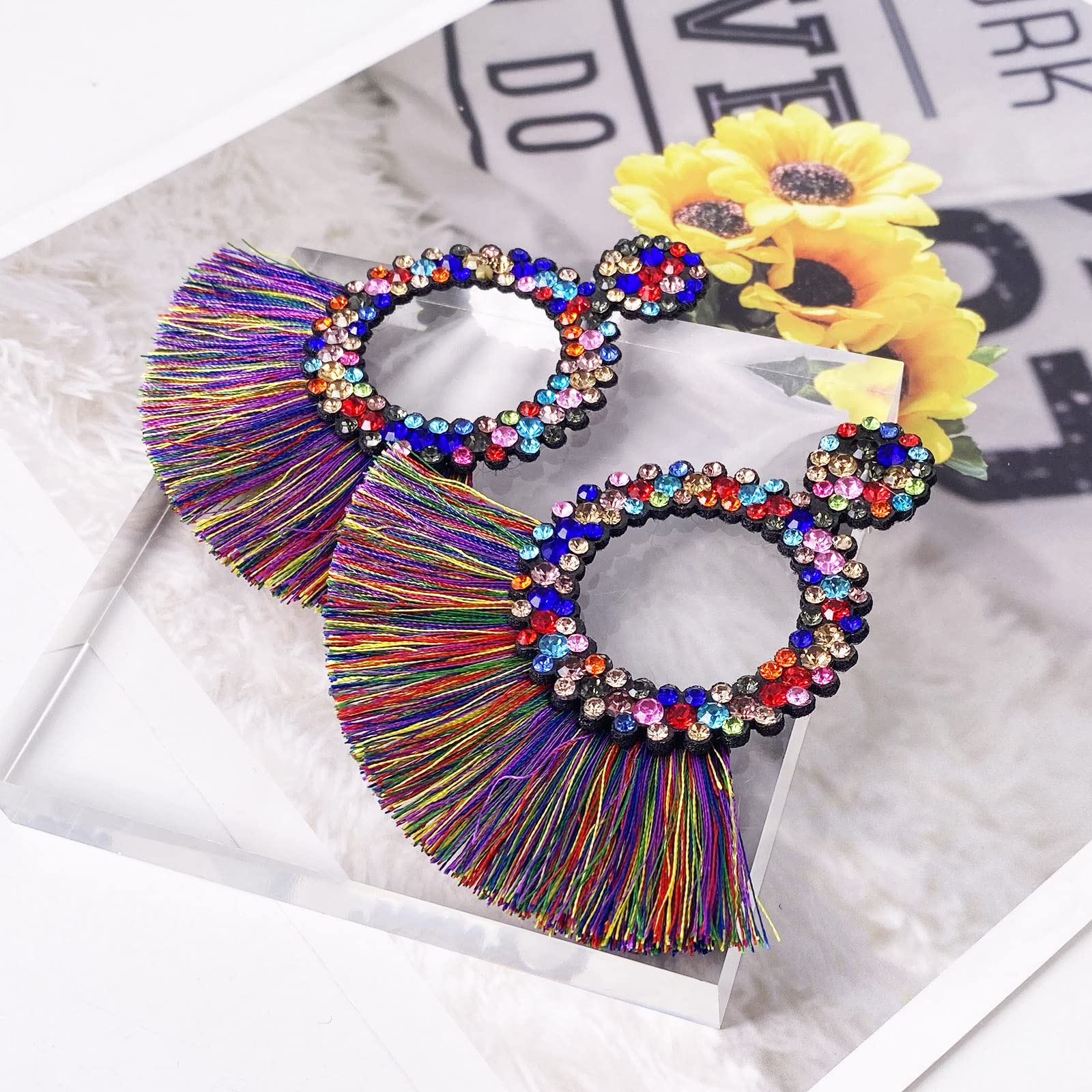Boho Crystal Tassel Earrings for Women - Sparkly Scalloped Cotton Thread Statement Earrings 3.34