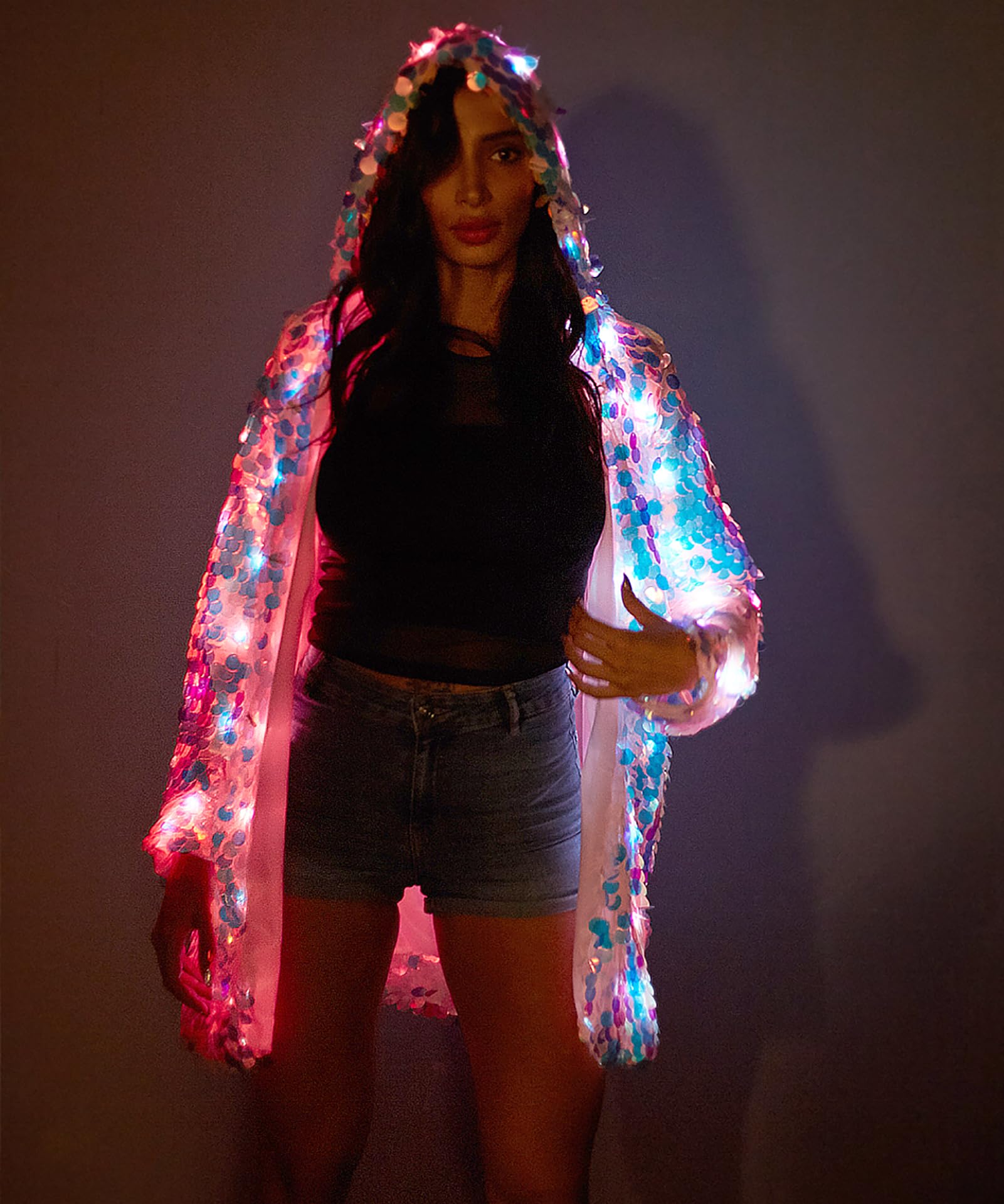 LED Light Up Sequin Jacket for Women - Sparkly Coat with LED Lights for Rave, Festival & Party Outfits - Perfect for Halloween, Concerts, Nightclubs and Special Events