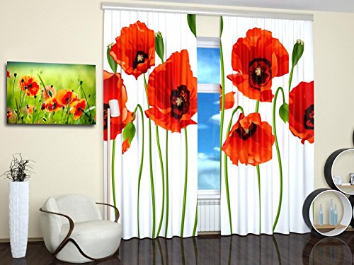 Red Poppy Curtains Set of 2 Panels - 84 Inch Length Blackout Rod Pocket Window Drapes with Floral Print for Living Room, Bedroom & Home Decor | Perfect for Light Control & Privacy in Bedrooms, Home Offices & Dining Areas