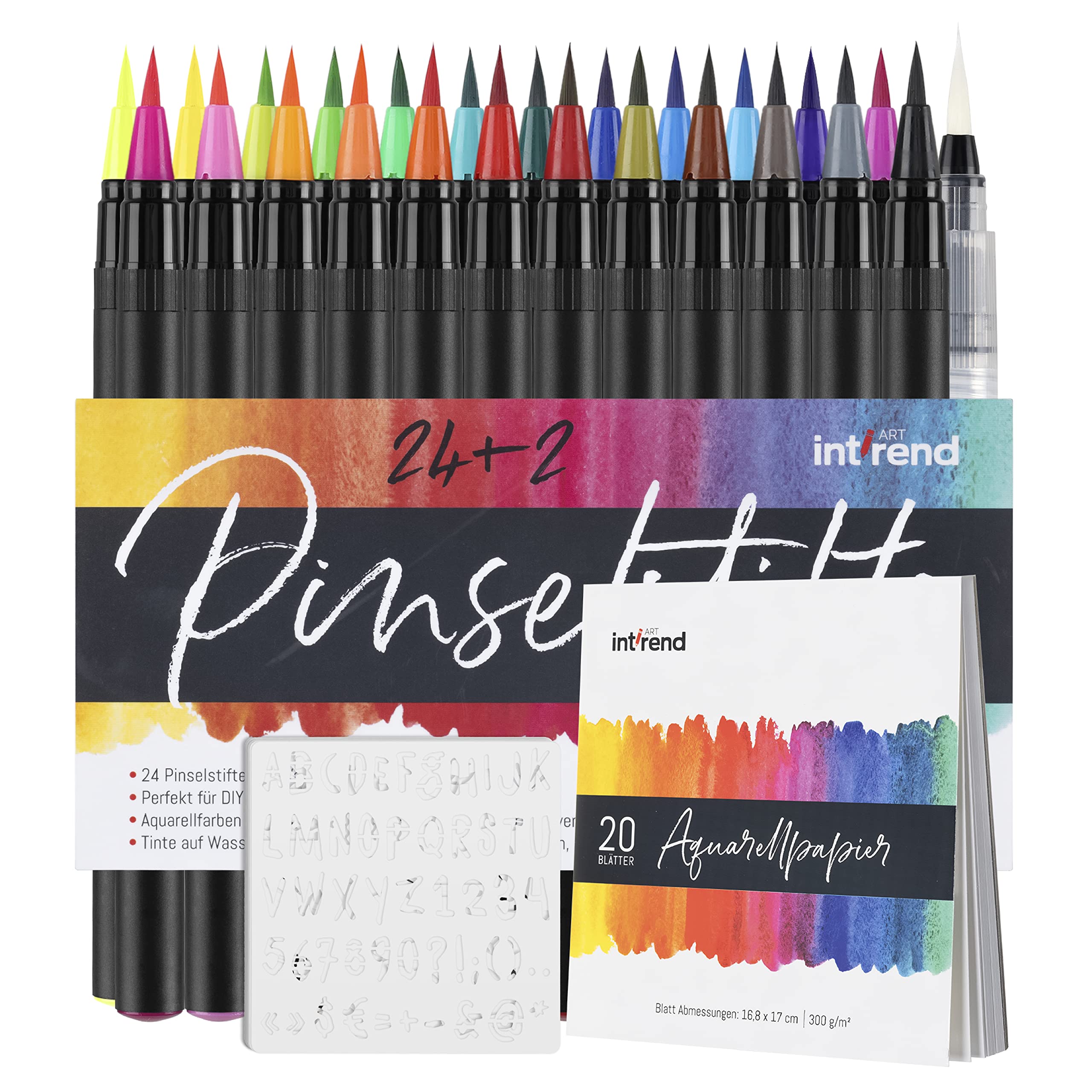 51-Piece Watercolor Brush Pen Set - 24 Brush Tip Markers, 2 Water Pens, 20 Sheets & 5 Stencils for Calligraphy, Lettering & Art Projects - Perfect for Bullet Journaling, Scrapbooking & DIY Crafts