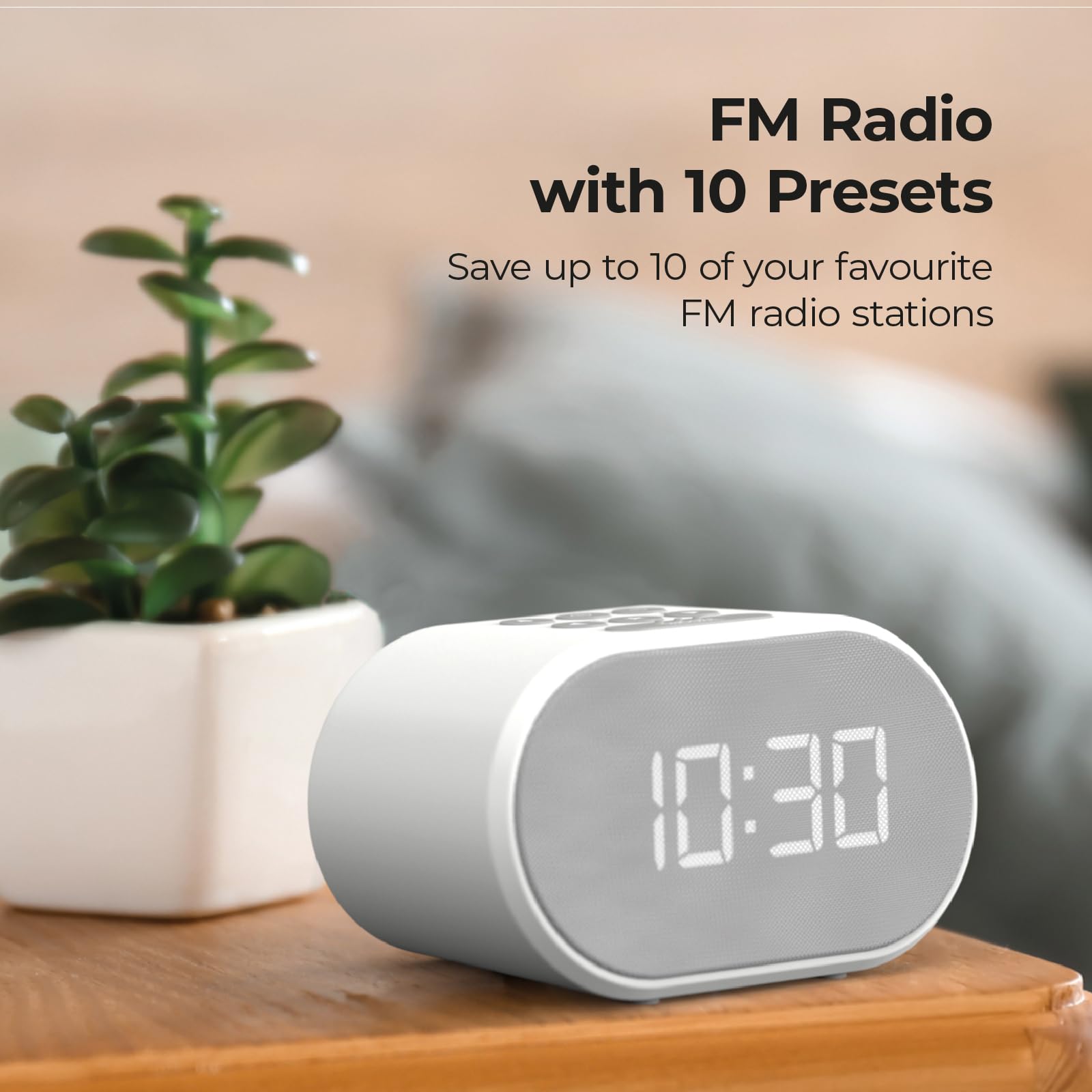 i-Box Digital Alarm Clock with FM Radio, USB Charging Port & Adjustable Brightness - Battery or Mains Powered, Silent Non-Ticking Operation, White LED Display for Bedroom, Office, Travel & Nightstand Use