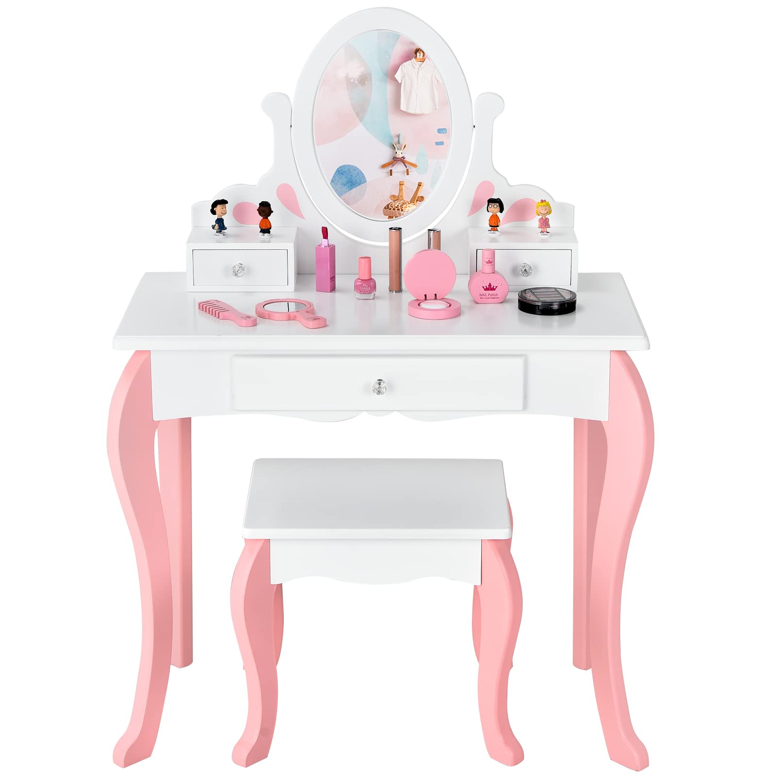Costzon Kids Vanity Set with 360° Rotating Mirror & Stool - 2-in-1 Princess Makeup Dressing Table with Detachable Top, Drawers & Storage - White Pretend Play Vanity for Little Girls | Perfect for Birthday Gifts, Bedroom Decor & Role Play Activities