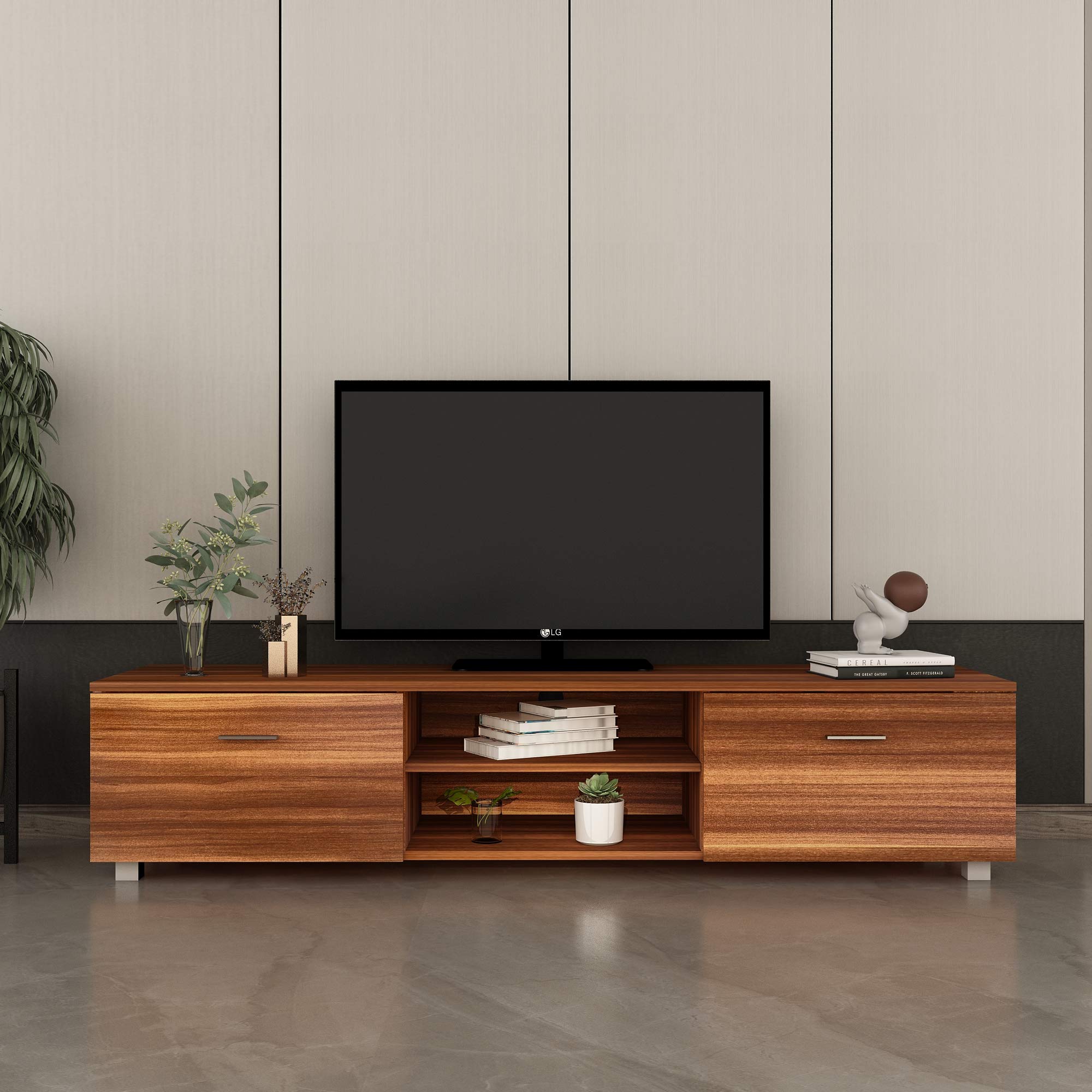 HABITRIO Modern TV Stand for 70 Inch TVs with 2 Drawers - Walnut Entertainment Center for Living Room, Bedroom & Lounge - Easy Assembly TV Cabinet & Living Room Furniture Set