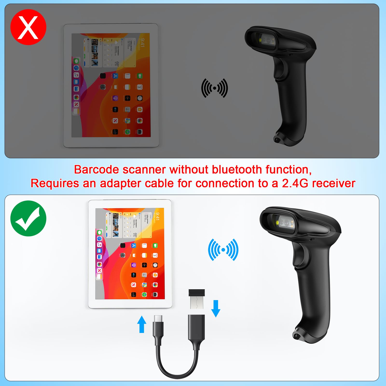 Symcode Wireless Barcode Scanner with Stand - 2-in-1 (2.4GHz Wireless + USB 2.0 Wired) Rechargeable Cordless 1D Barcode Reader for Retail, Warehouse & Inventory Management