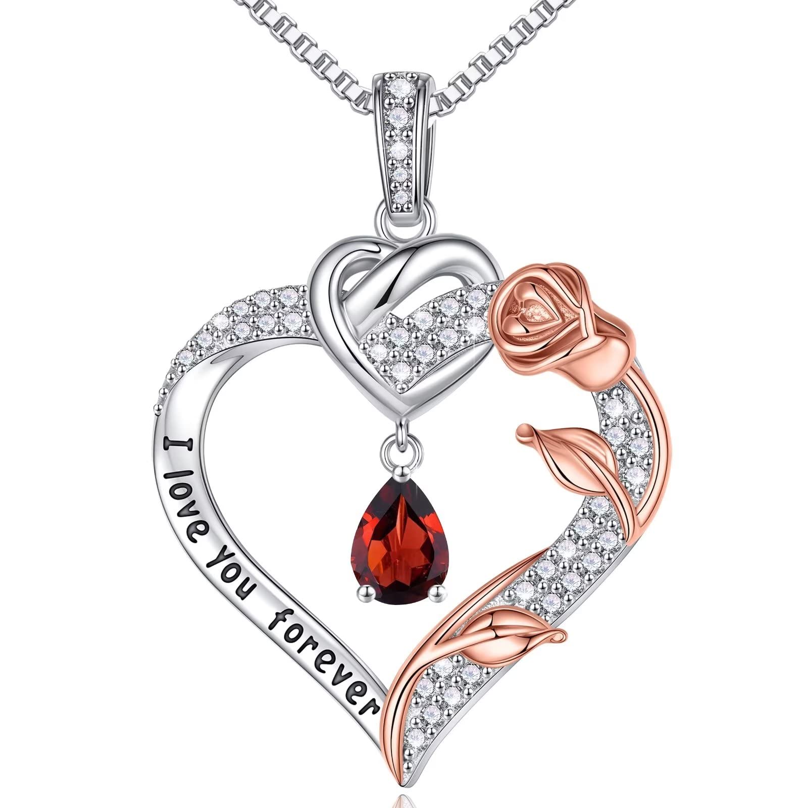 925 Sterling Silver Rose Heart Birthstone Necklace for Women - Personalized 