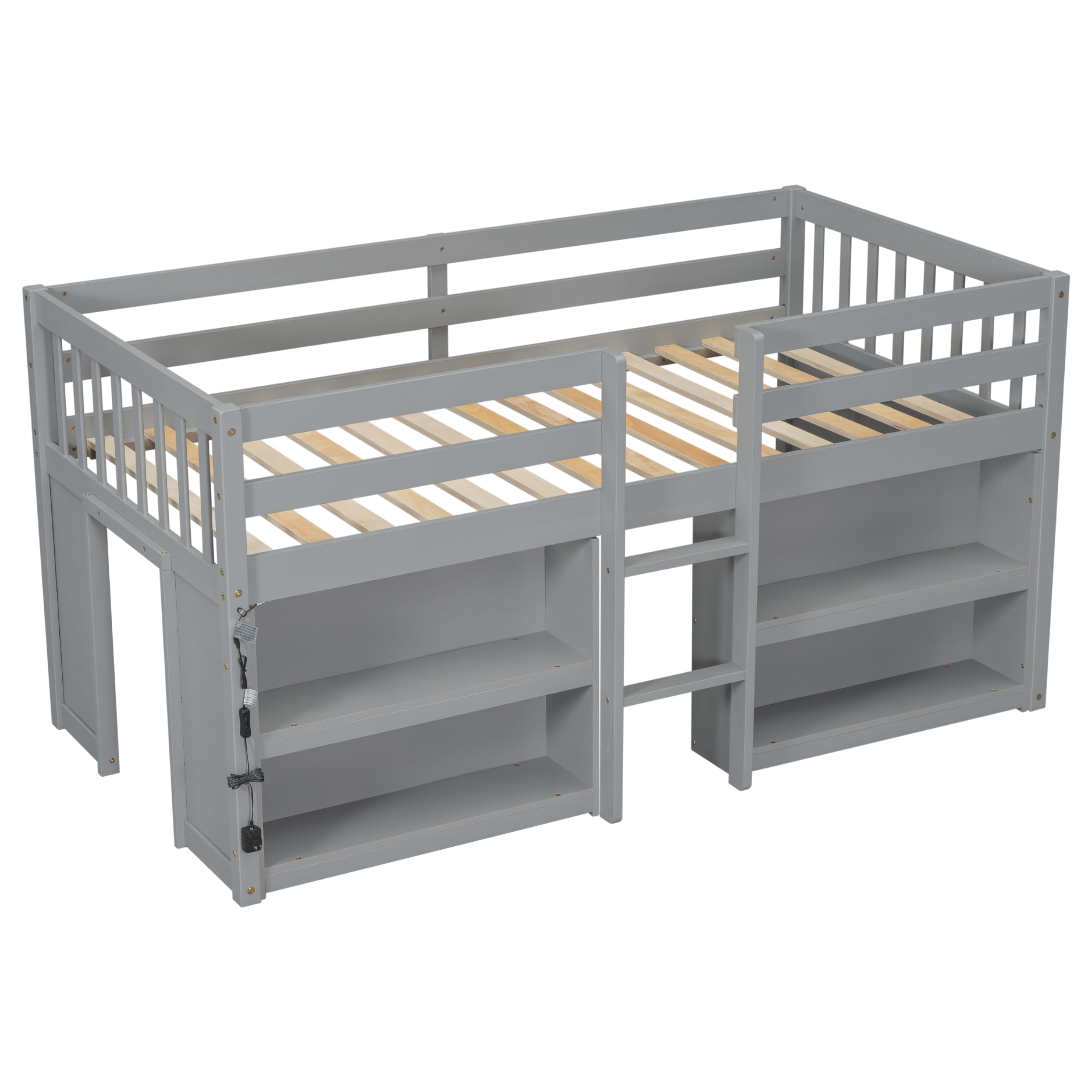 LED Twin Size Low Loft Bed with Storage Shelves & Built-in Lights - Space-Saving Kids Bed Frame for Boys & Girls, Grey - Perfect for Small Bedrooms, Dorm Rooms & Kids' Sleepovers