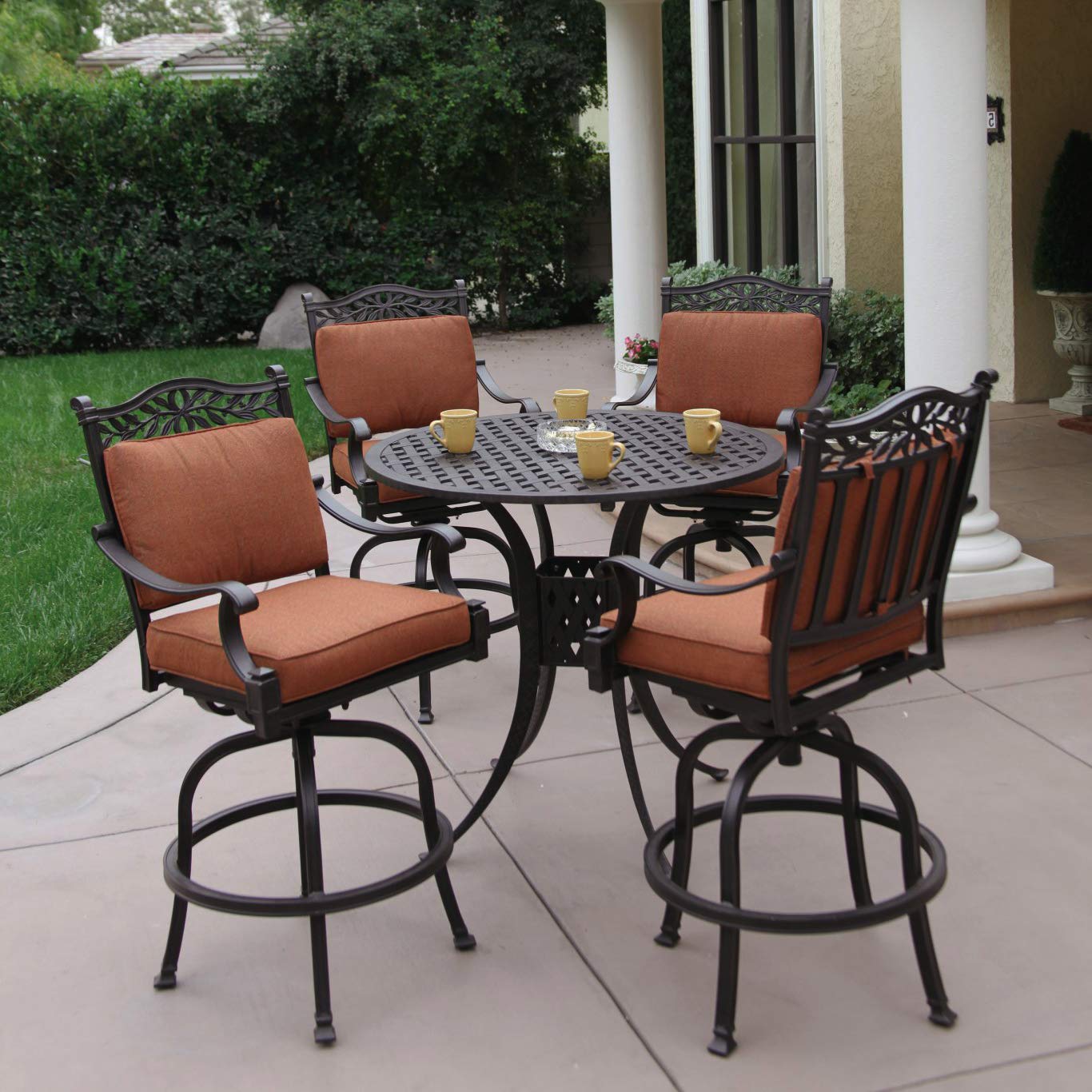 Outdoor Patio Dining Set - 4-Person Round Bar Height Table with Swivel Chairs & Cushions - Contemporary Cast Aluminum Furniture for Porch, Lawn, Pool & Garden - Antique Bronze Finish - Perfect for Outdoor Entertaining & Relaxation
