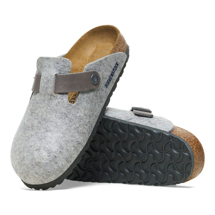 Birkenstock Boston Clogs for Women & Men - Light Grey Natural Leather & Felt Comfortable Slip-On Shoes | Perfect for Home, Office & Casual Wear