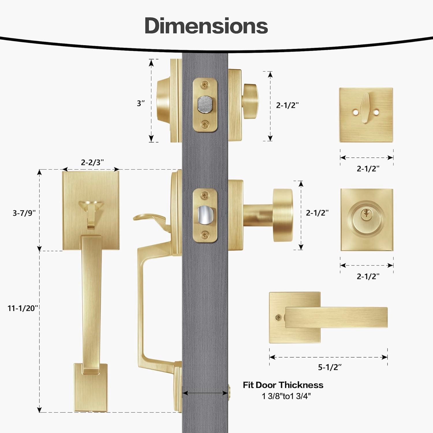 Satin Brass Square Front Door Handle Set with Single Cylinder Deadbolt & Low Half Lever - Secure Entry Door Lock for Home, Office & Apartment - Durable & Stylish Hardware for Exterior Doors