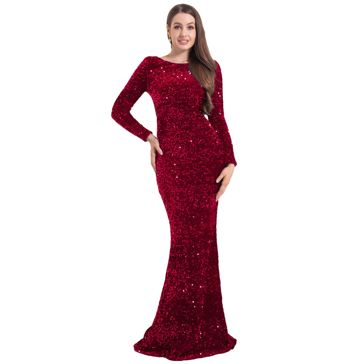 Velvet Stretch Sequin Formal Evening Gown - Long Sleeve O Neck Maxi Dress for Prom, Wedding & Holiday Parties