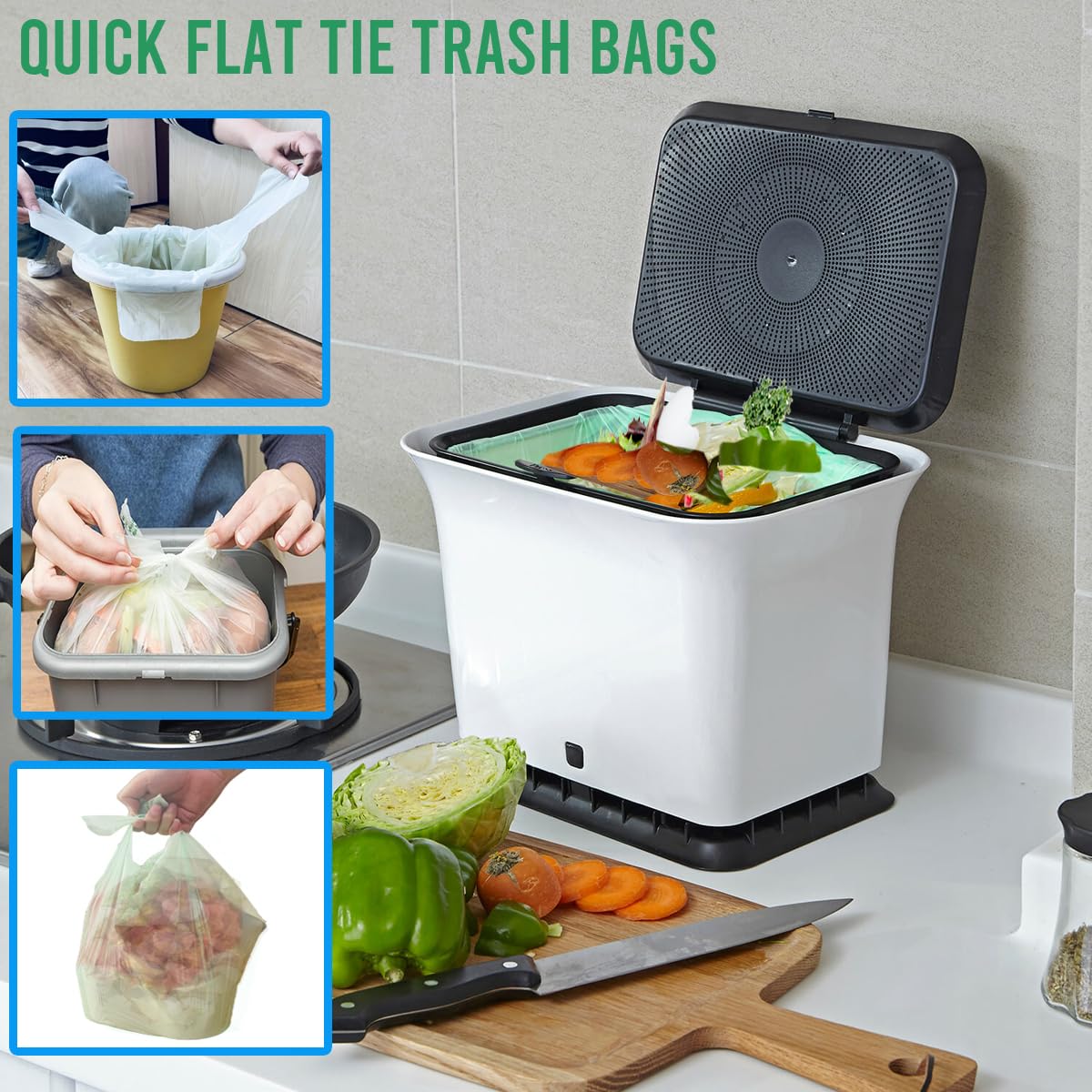 1-2 Gallon Flap Tie Compostable Trash Bags - 120 Count Small Biodegradable Kitchen Garbage Bags | ASTM D6400 & US BPI Certified | Perfect for Countertop Bins, Food Scraps, and Eco-Friendly Waste Disposal