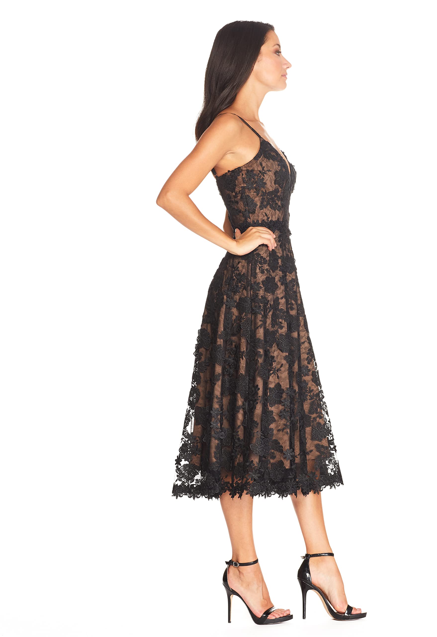 Women's Tahani Plunge Neckline Fit & Flare Midi Dress by Dress the Population | Elegant Cocktail & Party Wear | Perfect for Weddings, Date Nights & Special Occasions