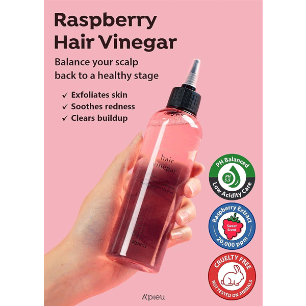 A'PIEU Raspberry Hair Vinegar 200ml - Natural Hair Rinse for Damaged Hair, Scalp Care & Shine Enhancement - Perfect for Color-Treated & Dry Hair at Home Salon Treatment