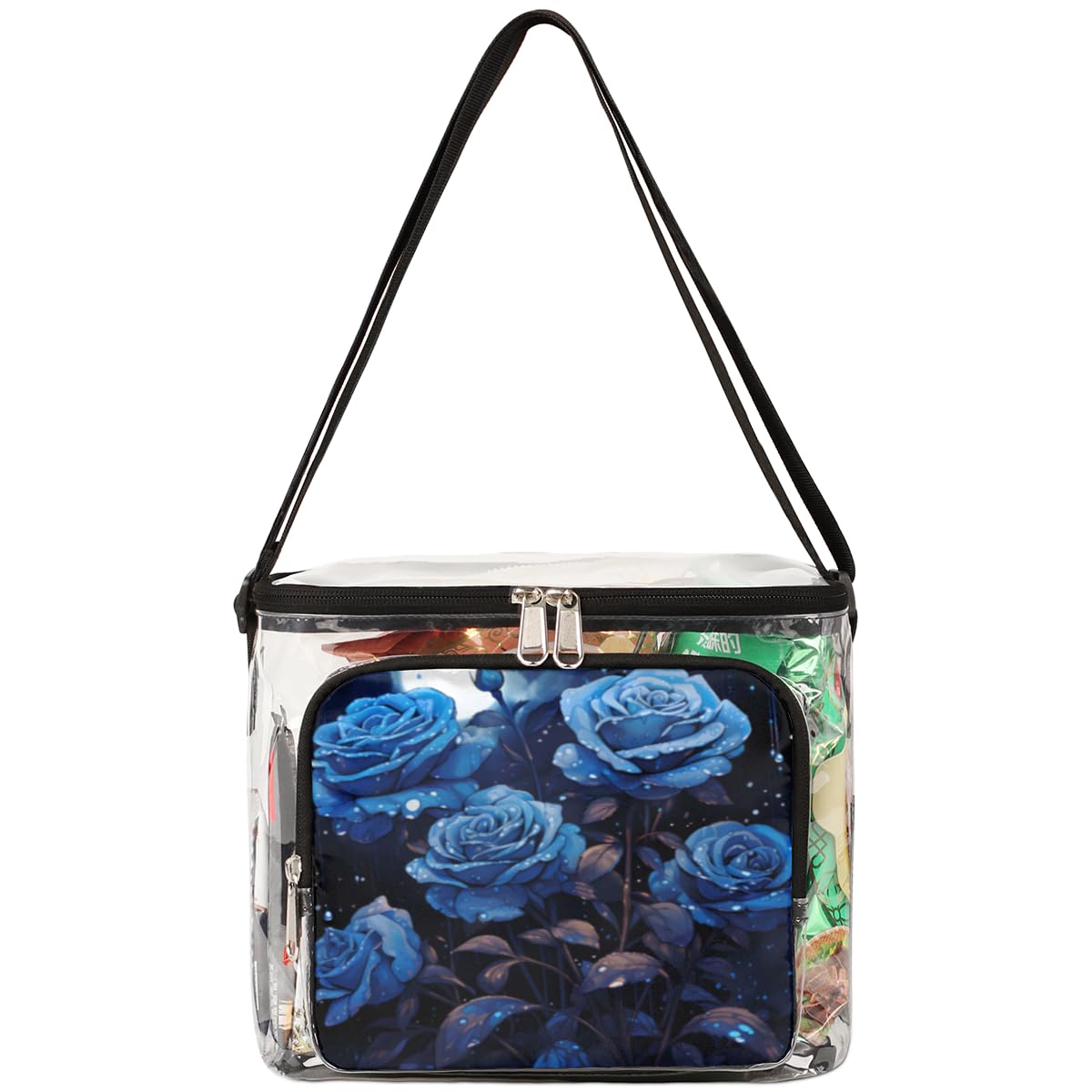 GzLeyigou Blue Enchantress Clear Tote Bag with Handles - Transparent Crossbody Shoulder Bag for Women, Rose Pattern Lunch Bag | Perfect for Outdoor Travel, Picnic, Concerts, Sports Events & Stadium Approved | Fashionable & Functional Clear Purse for Shopping, Beach & Theme Parks