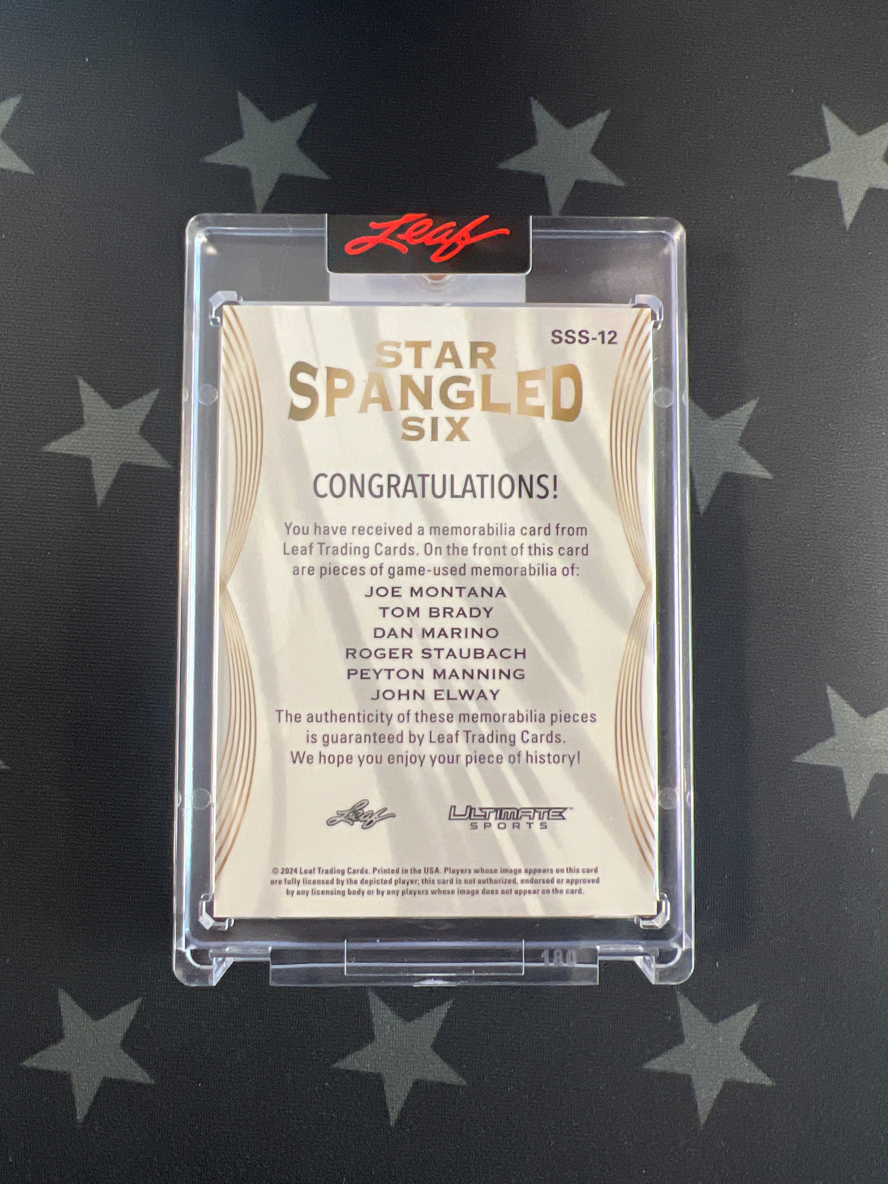 2024 Leaf Ultimate Sports Montana Brady Marino Staubach Manning Elway Star Patch /25 - Rare NFL Collectible for Fans and Memorabilia Enthusiasts