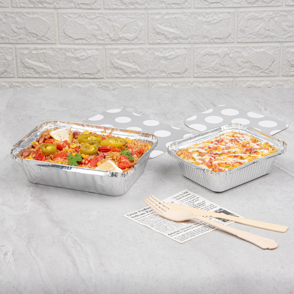 16 oz Rectangle Silver Aluminum Take Out Containers with Polka Dot Paper Lids - 7.25
