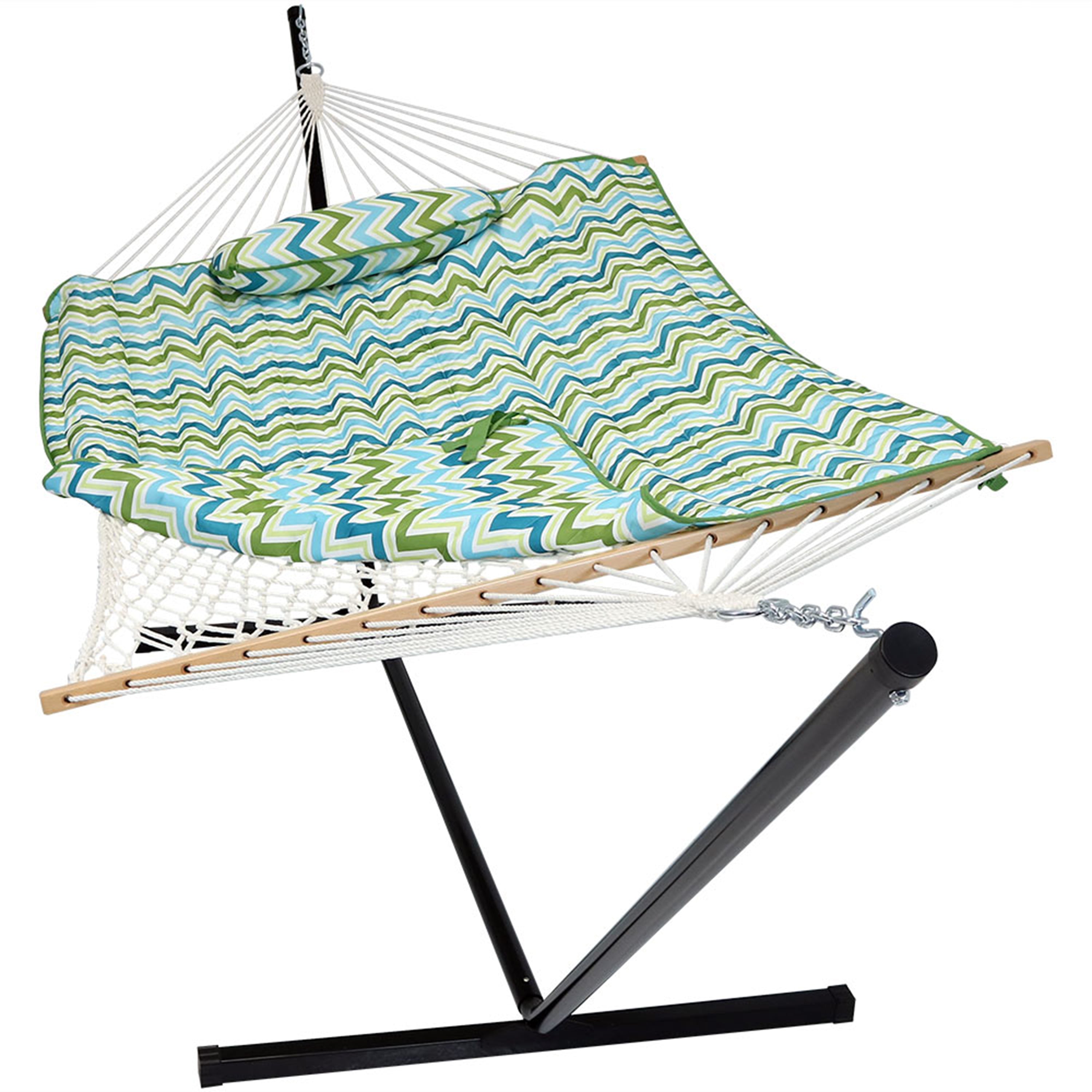 Premium Sunnydaze Rope Hammock with 12' Heavy-Duty Steel Stand, Comfortable Pad & Pillow - Perfect for Backyard Relaxation, Beach Lounging & Outdoor Adventures
