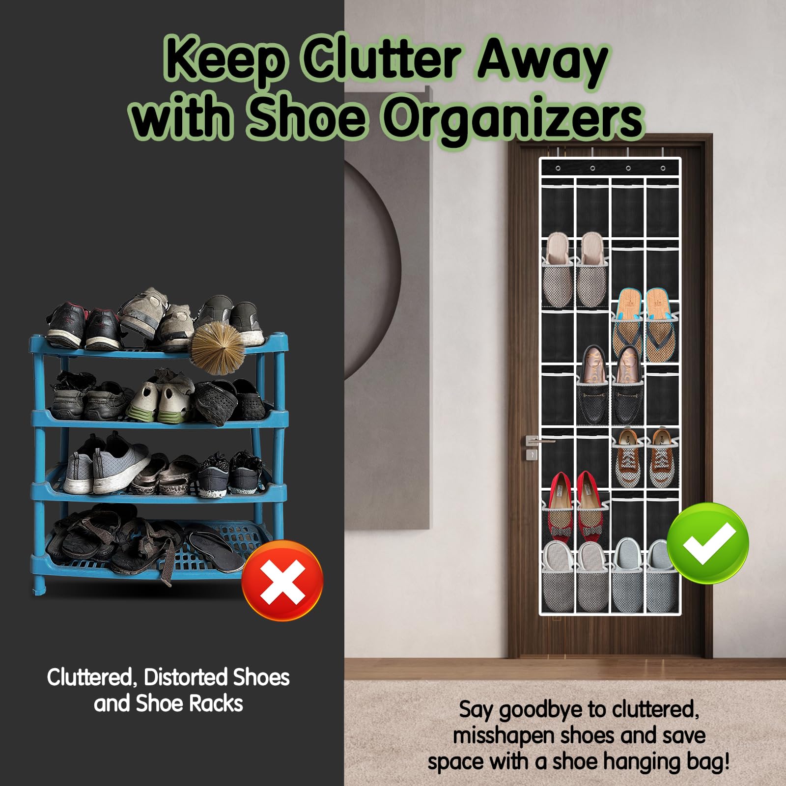 28 Compartment Breathable Mesh Over the Door Hanging Shoe Organizer for Closet - Large Storage for Men & Women Shoes - Space Saving Shoe Rack (Black) - Perfect for Bedrooms, Dorms, Apartments and Small Spaces