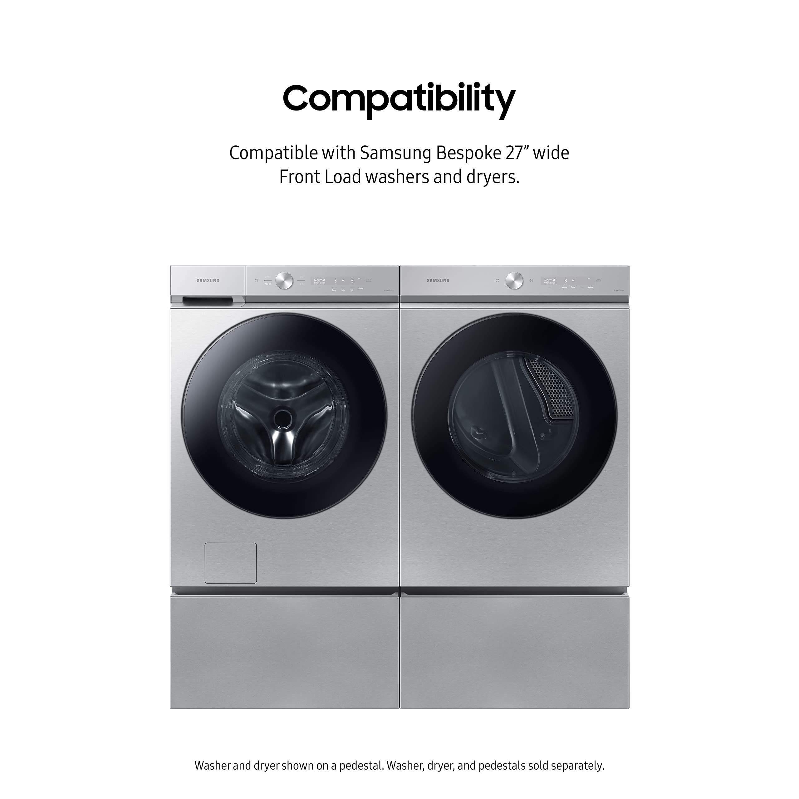Samsung 27-Inch Bespoke Front Load Washer Dryer Pedestal Stand with Pull-Out Laundry Storage Drawer | WE502NT | Silver Steel | Space-Saving Laundry Room Organizer for Compact Homes & Apartments