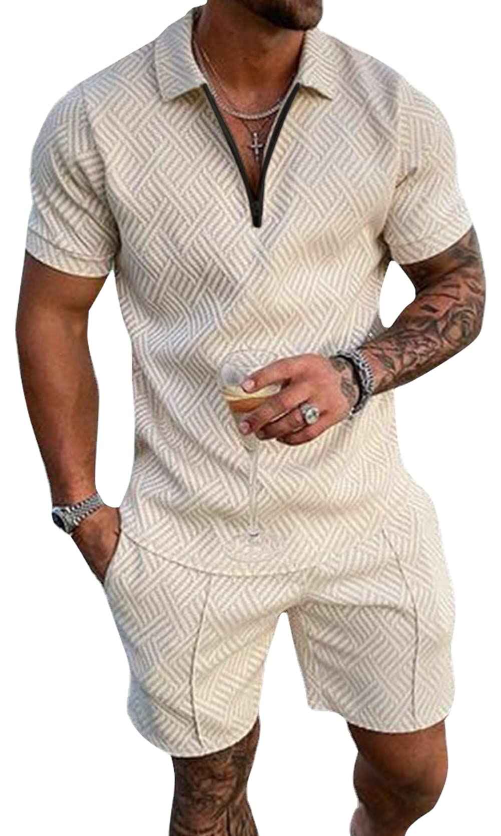 AIEOE Men's Summer Tracksuit Set - 2 Piece Polo Shirt & Shorts Outfit, Breathable Short Sleeve Sportswear for Gym, Running, and Casual Wear | Regular Fit Athletic Suit for Men