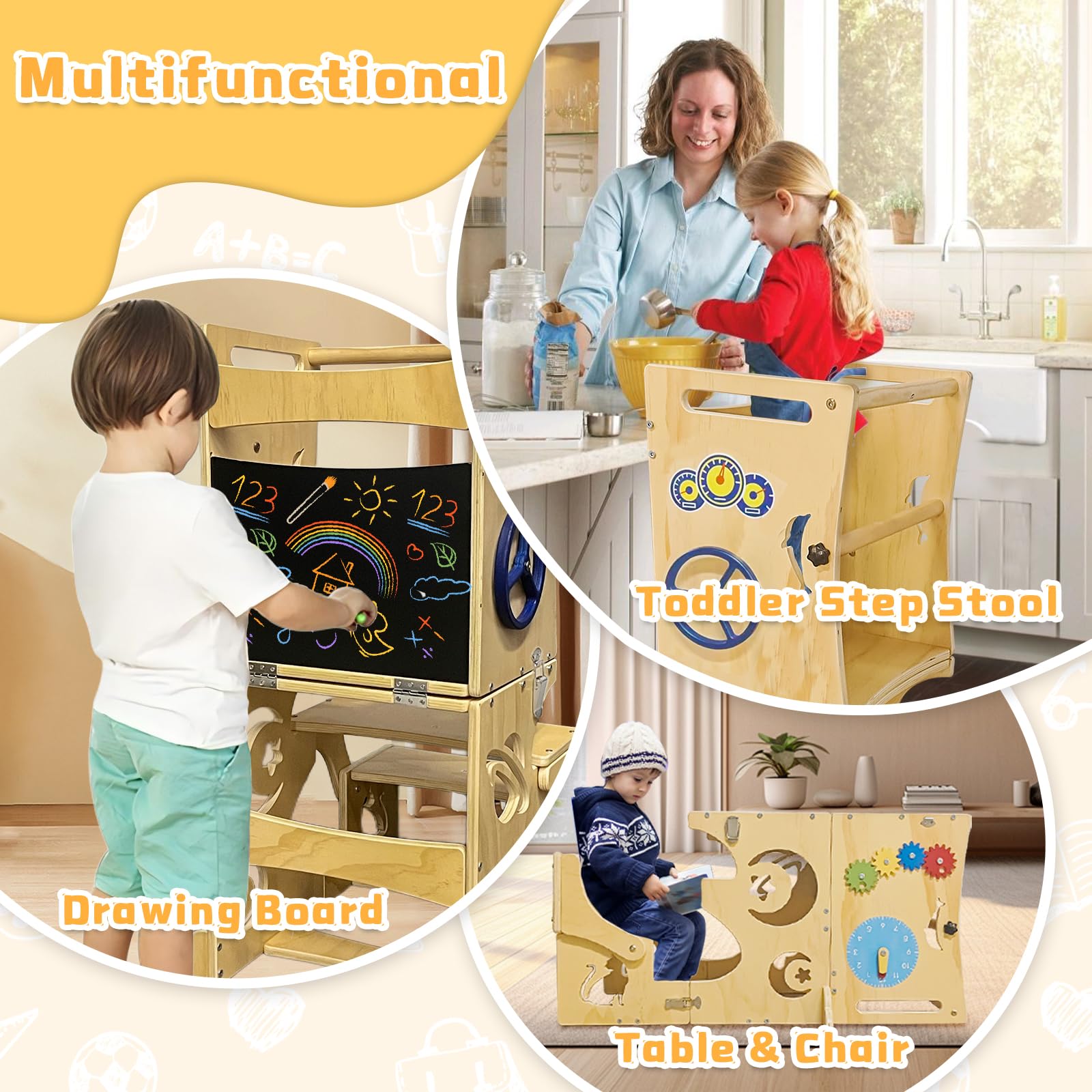 Montessori Toddler Step Stool with Blackboard & Removable Bars - Wooden Learning Tower for Kids - Safe Standing Helper for Kitchen Counter, Bathroom & Playroom - Montessori Toys Included for Early Childhood Development