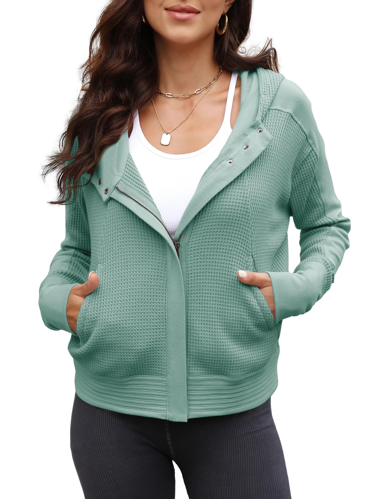 Yanekop Women's Waffle Knit Zip Up Hoodie Jacket - Long Sleeve Cropped Pullover for Fall & Winter | Casual Outerwear for Streetwear, Layering, and Everyday Outfits