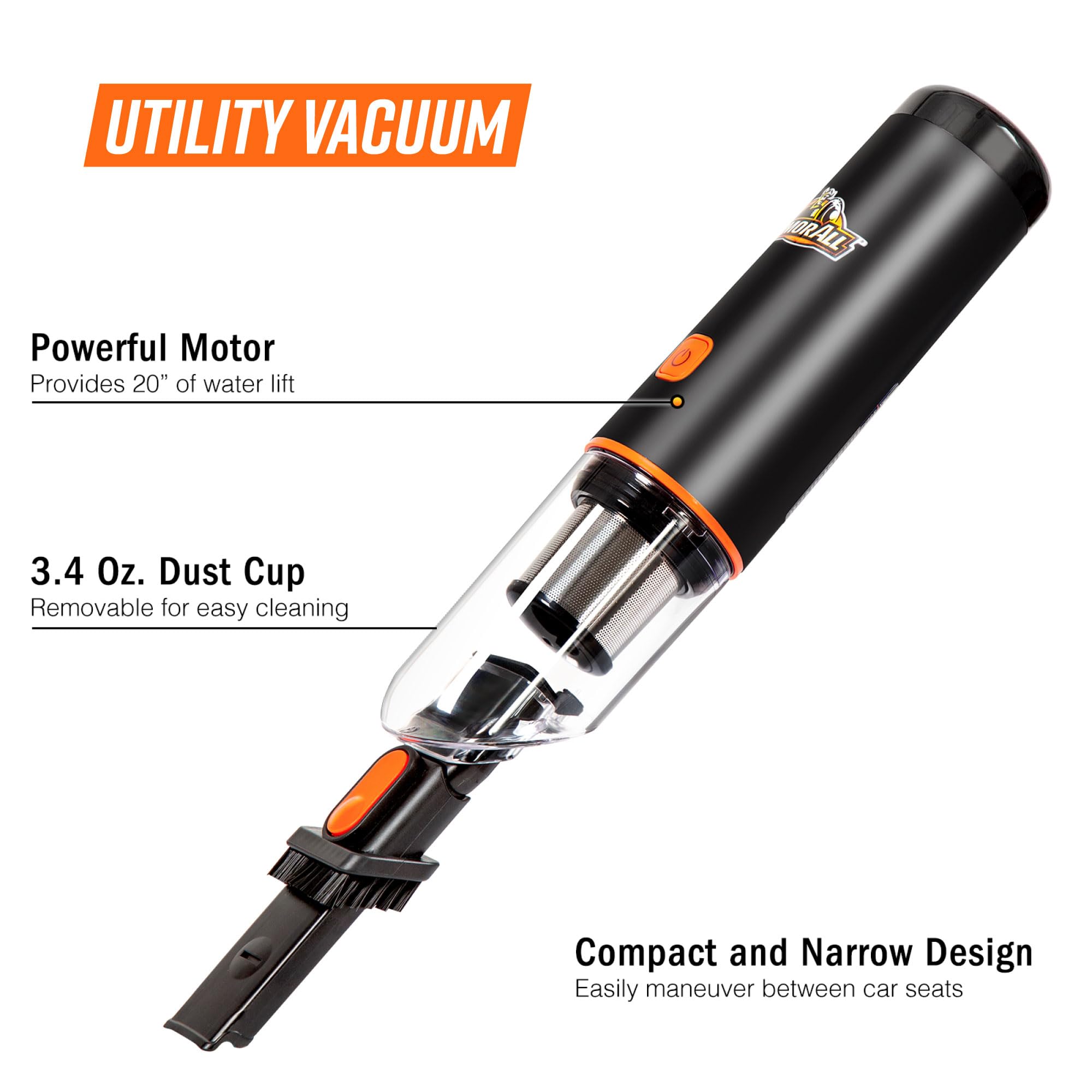 Armor All AA07V2 0901 Cordless Handheld Car Vacuum Cleaner - Powerful 12V Mini Vacuum for Car Interior, Home & Office Use - Orange Portable Vacuum for Pet Hair, Crumbs & Dust Cleaning