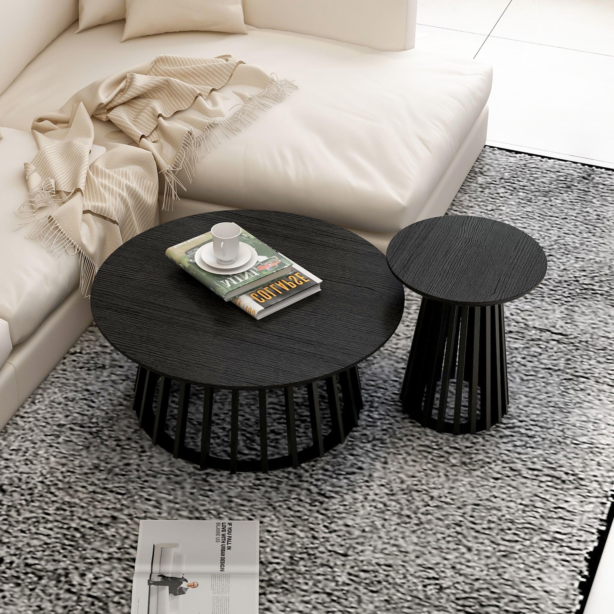 Modern Round Wood Coffee Table & Nesting End Table Set of 2 - Farmhouse Style Circle Side Tables for Small Spaces - Perfect for Living Room, Apartment, Bedroom (Black) | Compact Furniture Solution for Cozy Home Decor & Space-Saving Needs