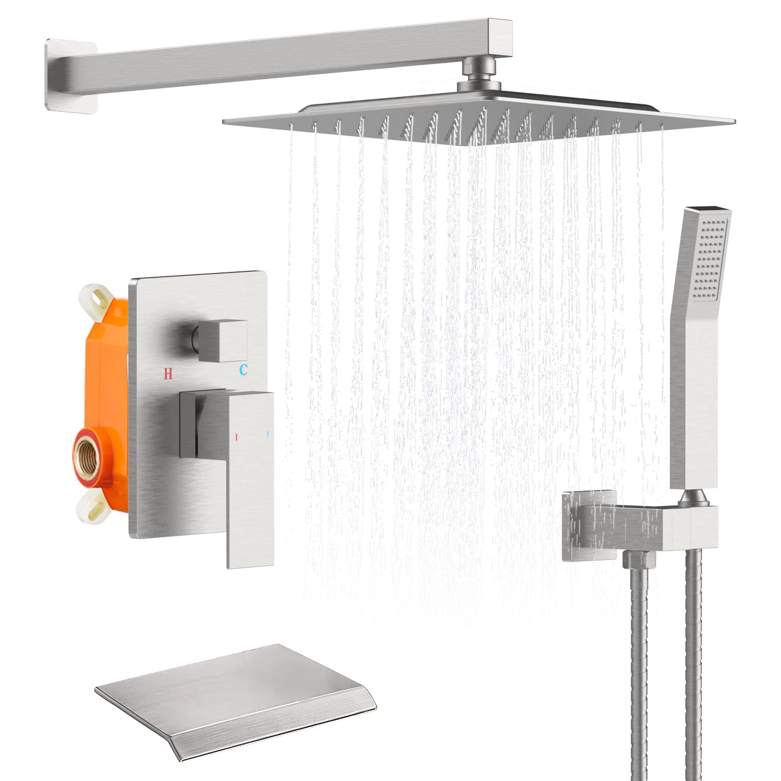10 Inch Square Rainfall Shower System - Brushed Nickel Tub Shower Faucet Set with Handheld Sprayer, Waterfall Tub Spout & Pressure Balance Valve | Luxury Bathroom Upgrade for Spa-Like Experience