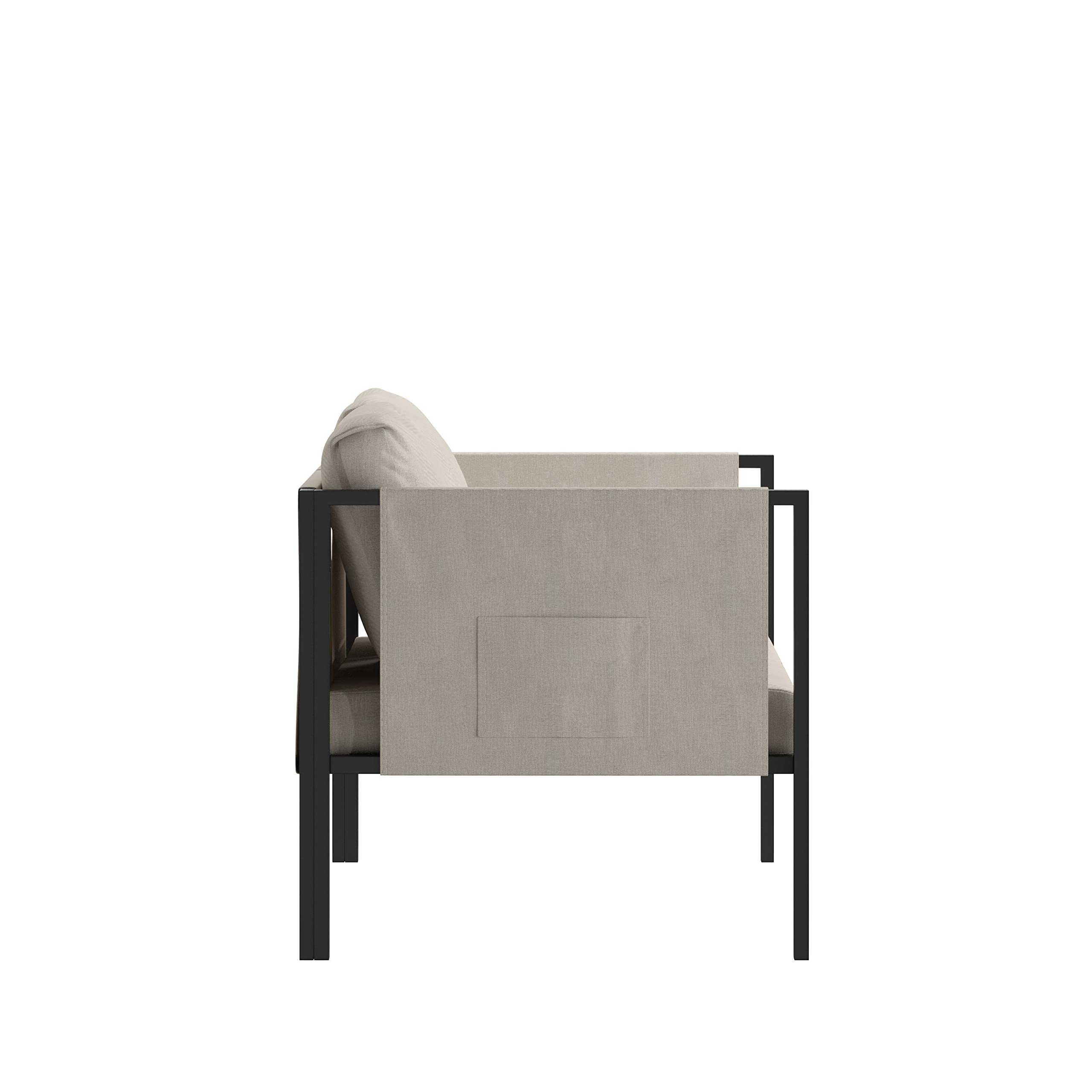 Flash Furniture Lea Indoor/Outdoor Loveseat with Cushions - Modern Steel Frame 2-Seater Sofa with Storage Pockets, Black with Beige Cushions - Perfect for Patio, Deck, Balcony & Small Space Living