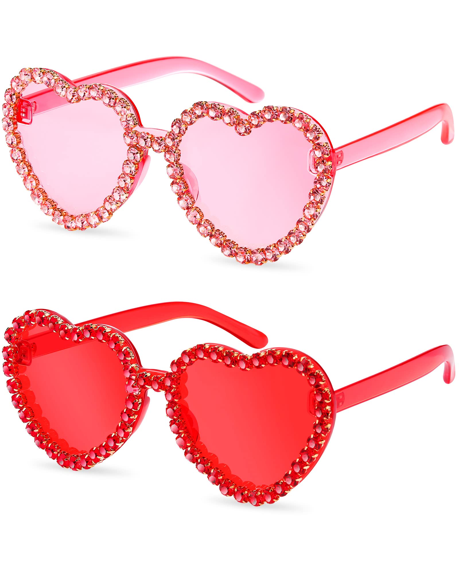 TOODOO 2 Pairs Heart Shaped Rimless Sunglasses for Women - Transparent Heart Rhinestone Glasses | Fashion Accessories for Summer, Beach, Date Night & Outdoor Activities