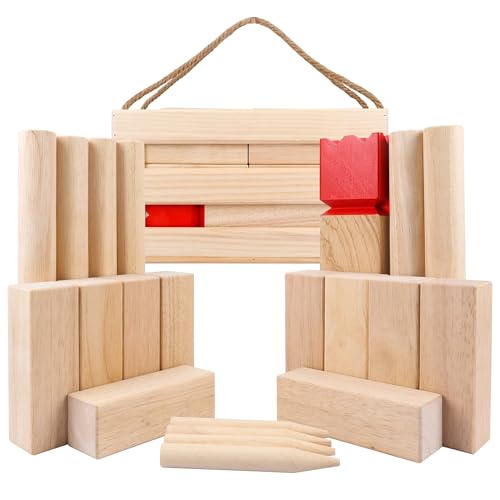 Large Rubber Wood Kubb Game Set with Wooden Crate