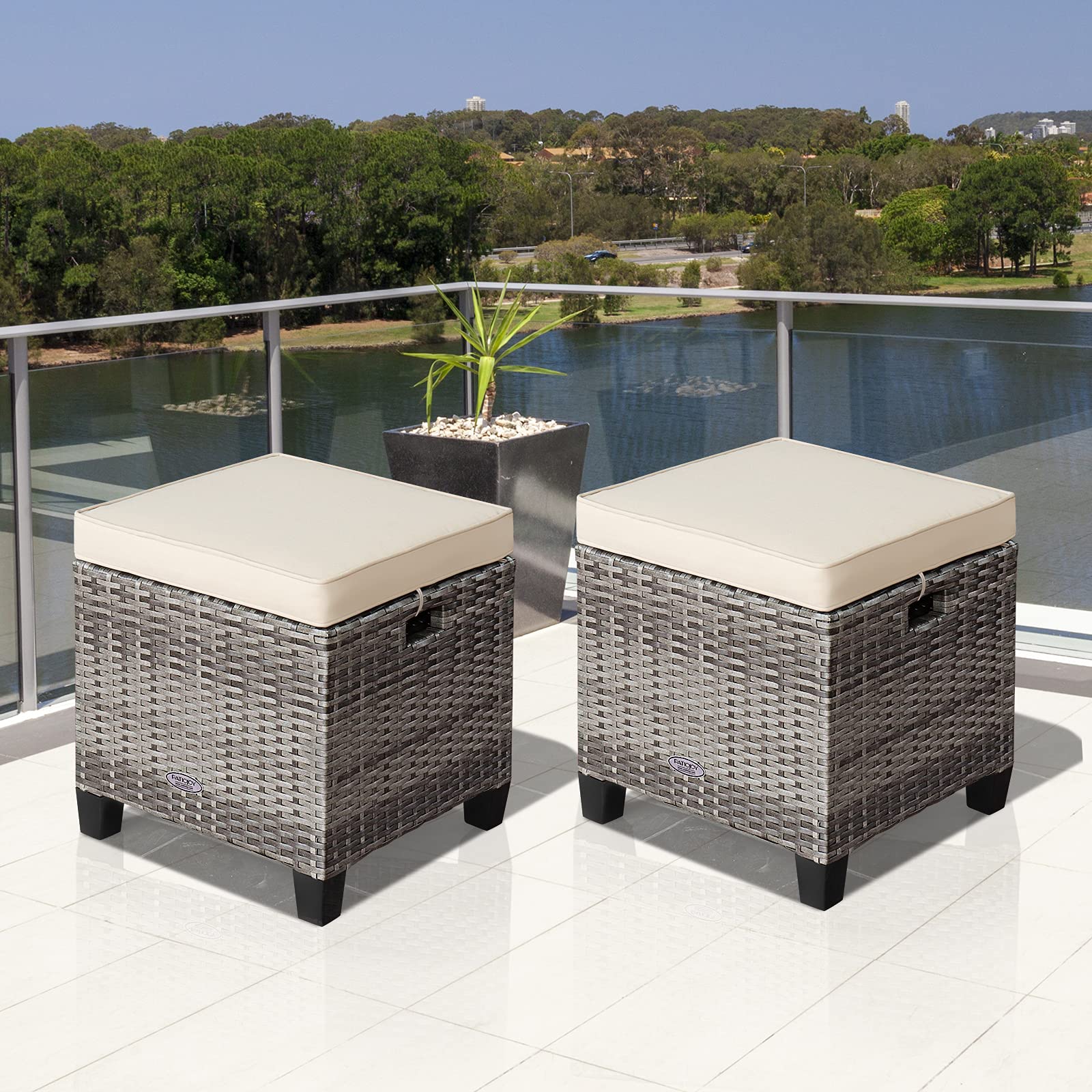RELAX4LIFE 2-Piece Outdoor Rattan Ottoman Set with Cushions - All-Weather Wicker Patio Furniture with 2 Footrest Stools, Durable Steel Frame for Backyard, Garden, Poolside & Deck (White)
