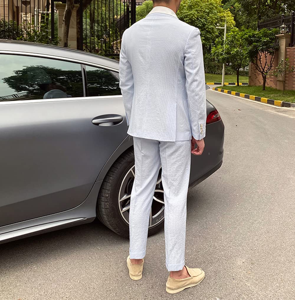 HZUOU Men's Slim Fit Striped Seersucker Suit 2-Piece Set - Wedding Tuxedo & Summer Beach Leisure Outfit | Perfect for Formal Events, Vacations & Outdoor Weddings HZH10