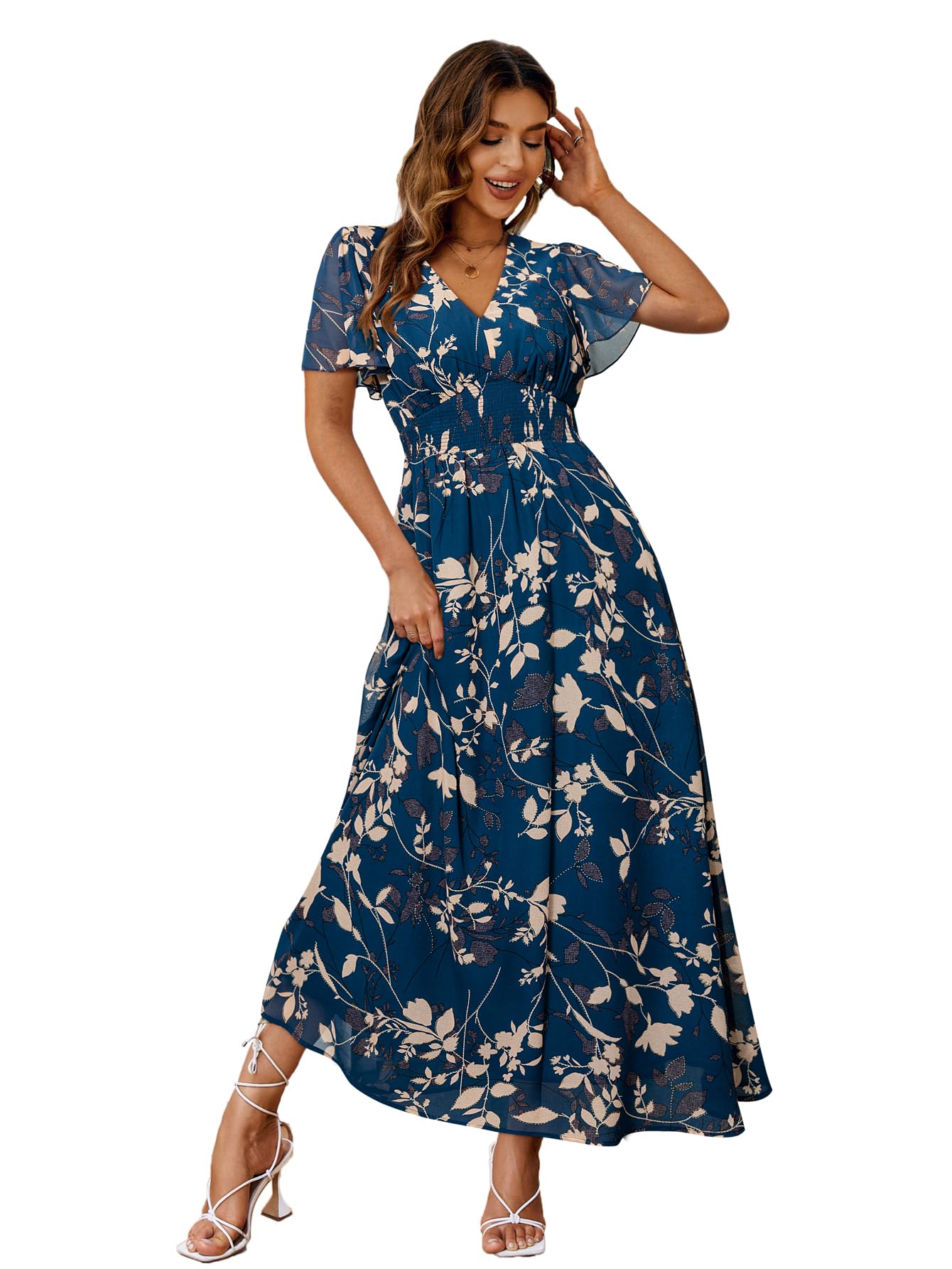 Boho Floral Maxi Dress for Women - Flowy Casual V-Neck Short Sleeve Wedding Guest Dress | Perfect for Beach Holidays, Summer Vacations & Special Occasions