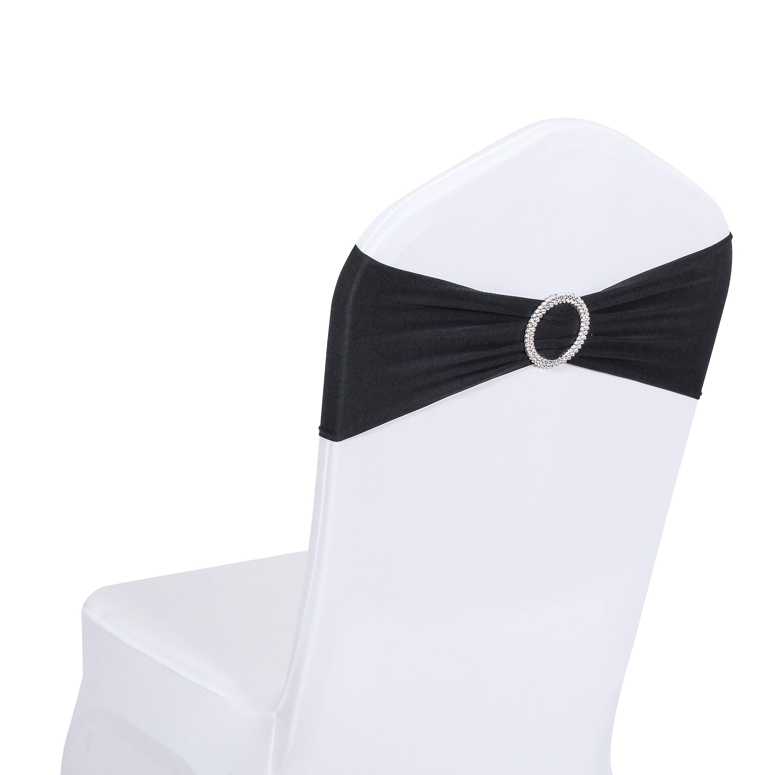 50 PCS Spandex Stretch Chair Sashes Bows for Wedding Reception - Elastic Chair Cover Bands with Buckle Slider for Banquet, Party, Hotel Event Decorations (Black) - Perfect for Wedding Decor, Bridal Shower, Anniversary & Birthday Party Decorations
