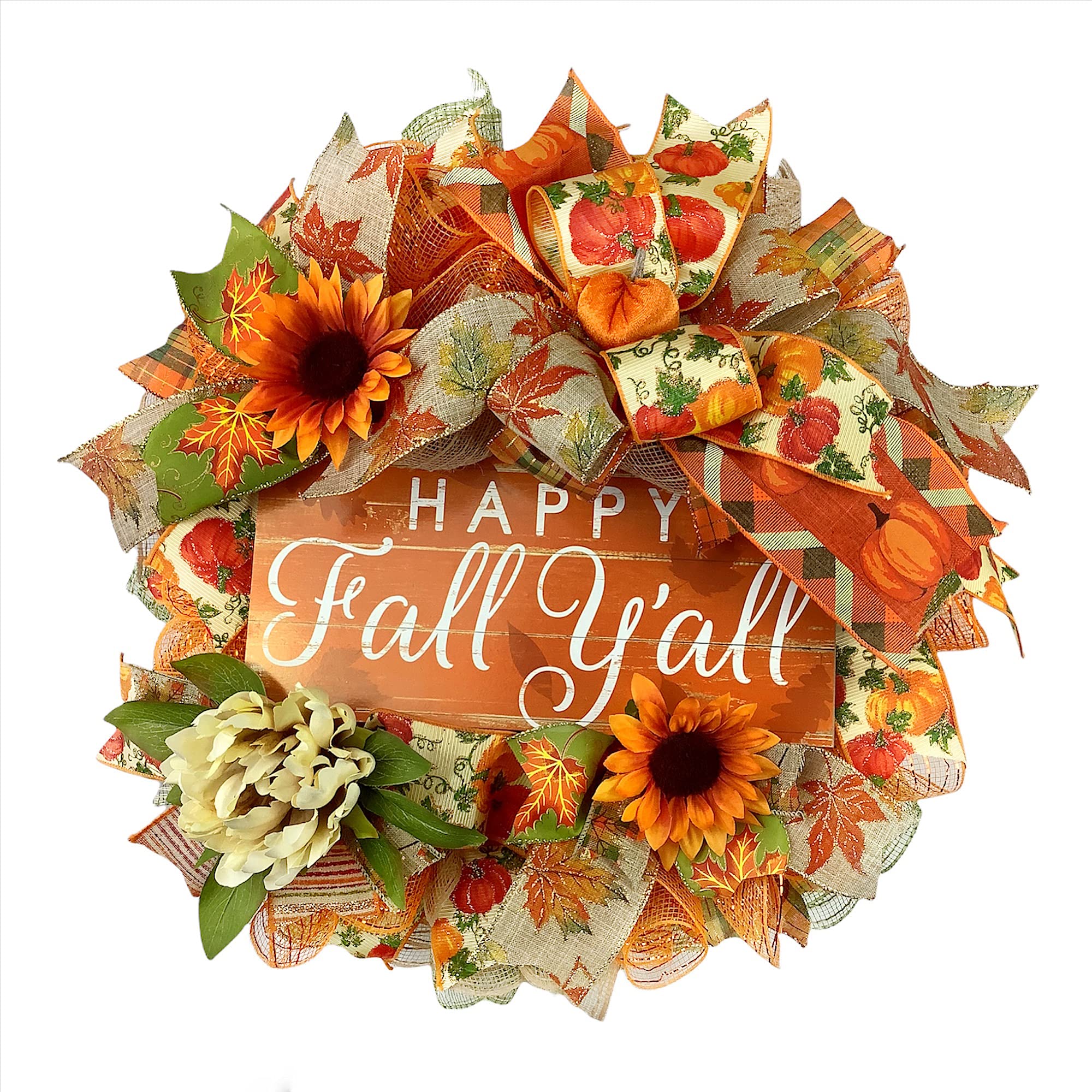 Handmade Happy Fall Y’all Autumn Wreath with Sunflowers, Mums & Bow - Rustic Front Door Decor for Porch, Thanksgiving & Seasonal Home Decoration