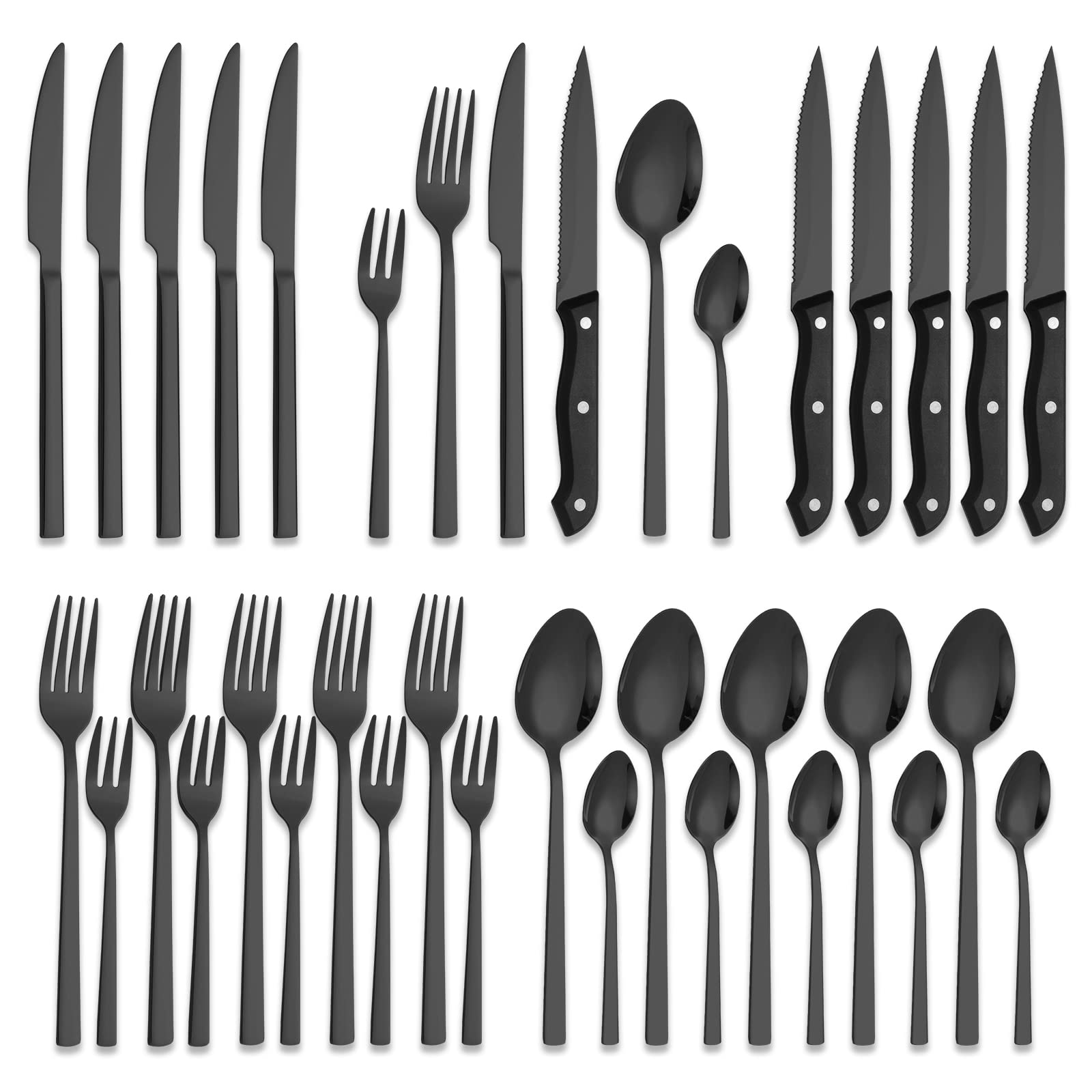 Premium 36-Piece Stainless Steel Flatware Set - Black Mirror Polished Silverware with Steak Knives, Forks & Spoons - Dishwasher Safe Cutlery for 6 People - Perfect for Dinner Parties, Restaurants & Everyday Dining (Black)
