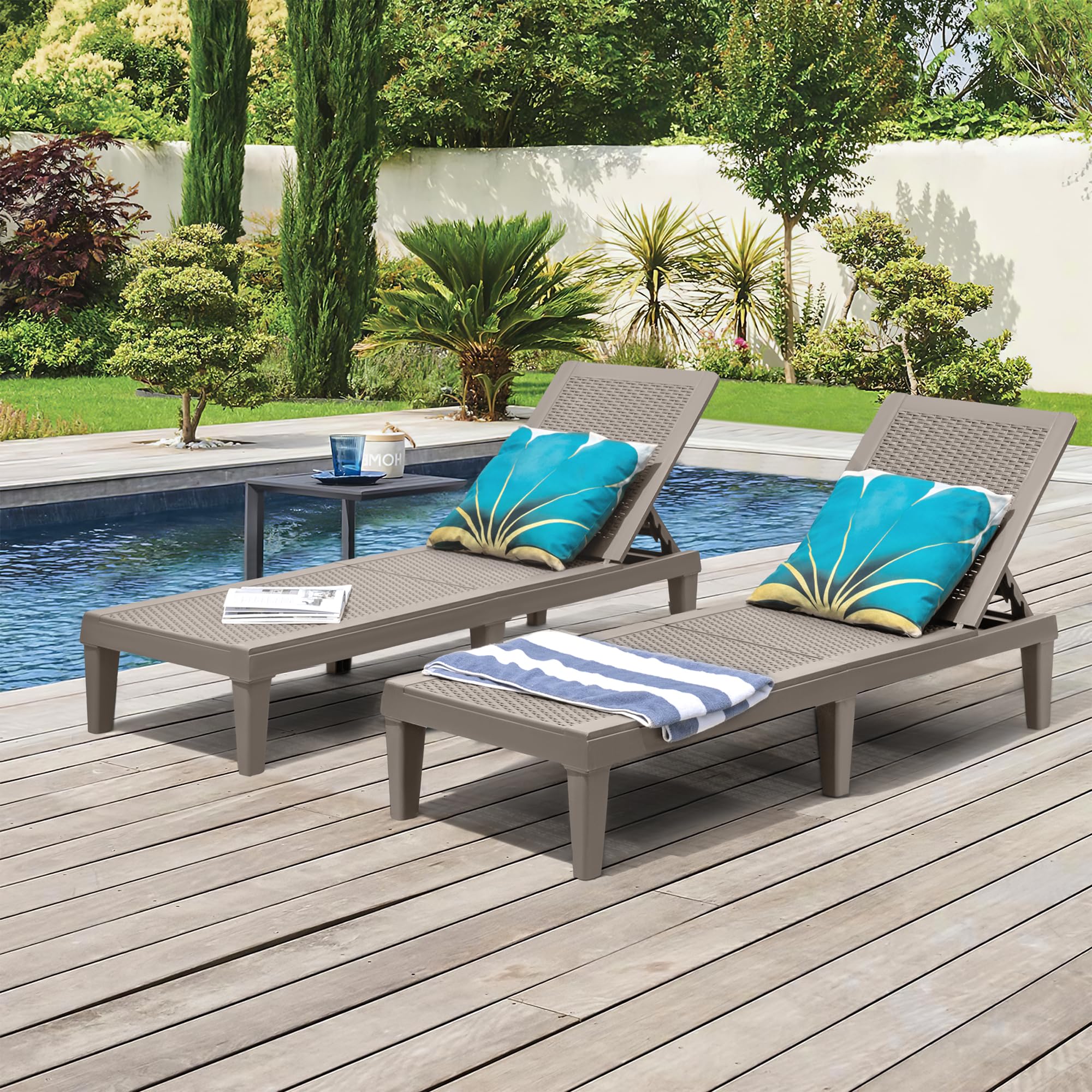 **GUNJI Waterproof Resin Outdoor Lounge Chairs Set of 2 – Adjustable Patio Chaise Loungers for Poolside, Deck & Beach – Sunbathing & Relaxation (Beige)**    *(Perfect for backyard relaxation, poolside lounging, beach vacations, or patio sunbathing!)*
